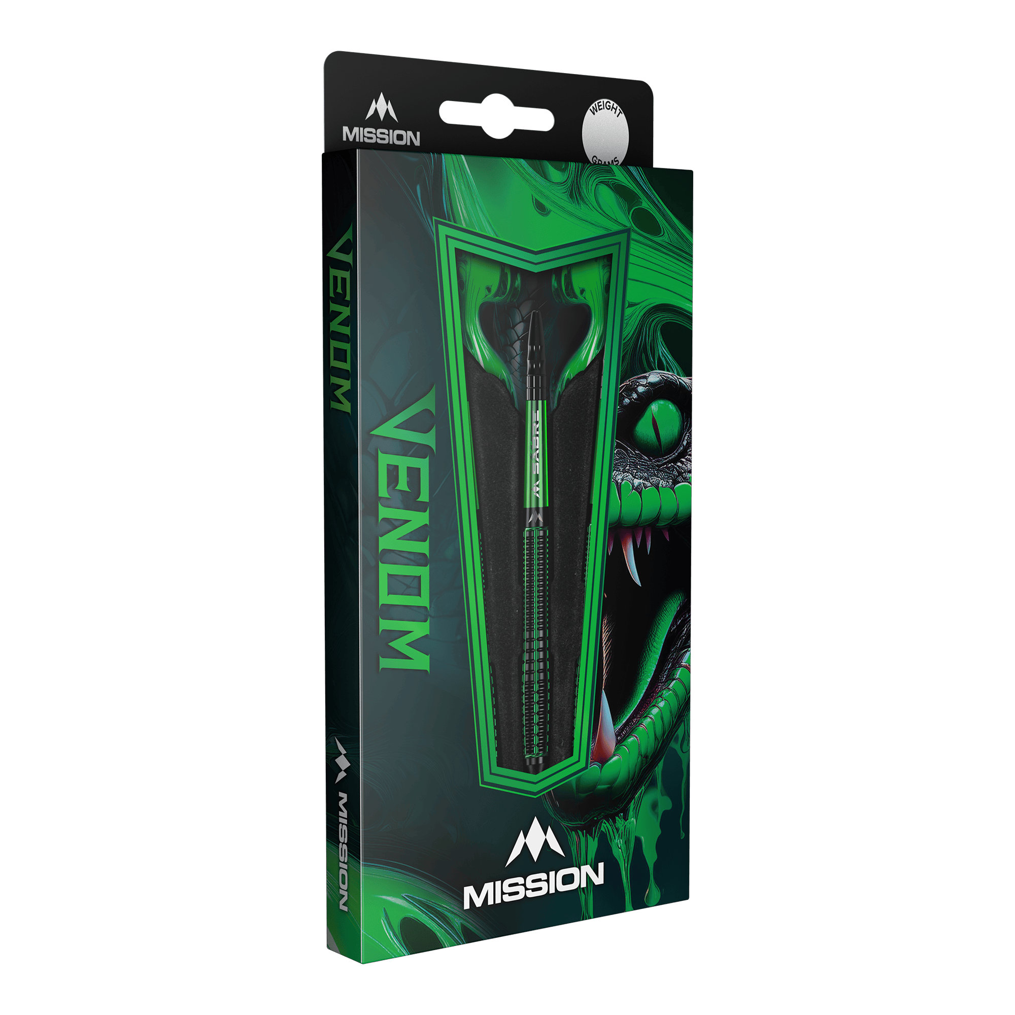 Dardos blandos Mission Venom - 20 g Die Abbildung zeigt die Verpackung der "Mission Venom Softdarts - 20g". Das Design ist in Grün gehalten und zeigt einen Schlangenkopf sowie den Schriftzug "Venom".