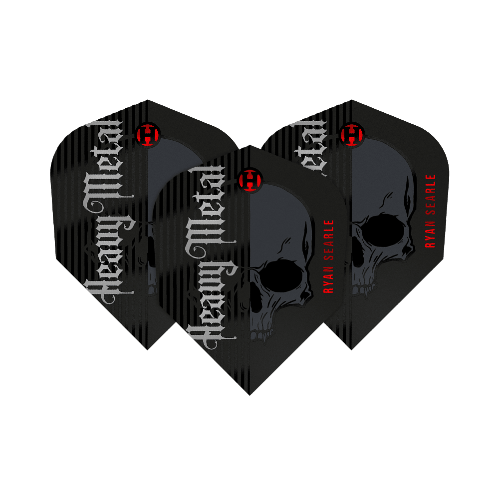 Vuelos de la serie 2 de Heavy Metal de Ryan Searle de Harrow Das Bild zeigt drei Dartflights der Serie "Harrows Ryan Searle Heavy Metal Series 2". Die Flights sind schwarz mit einem Totenkopf-Design und den Aufschriften „Heavy Metal“ und „Ryan Searle“.