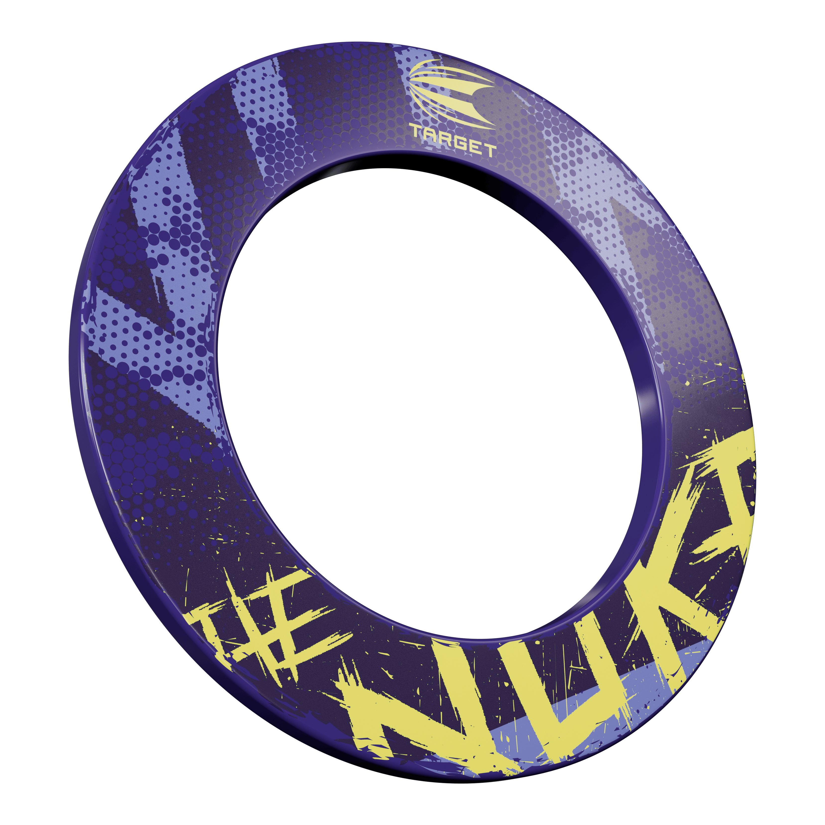 Target Luke Littler El tablero de dardos Nuke Surround Das Bild zeigt eine Dartboard-Umrandung mit dem Namen „Target Luke Littler The Nuke Dartboard Surround“. Die Umrandung ist hauptsächlich lila mit gelben Schriftzügen und Mustern gestaltet.
