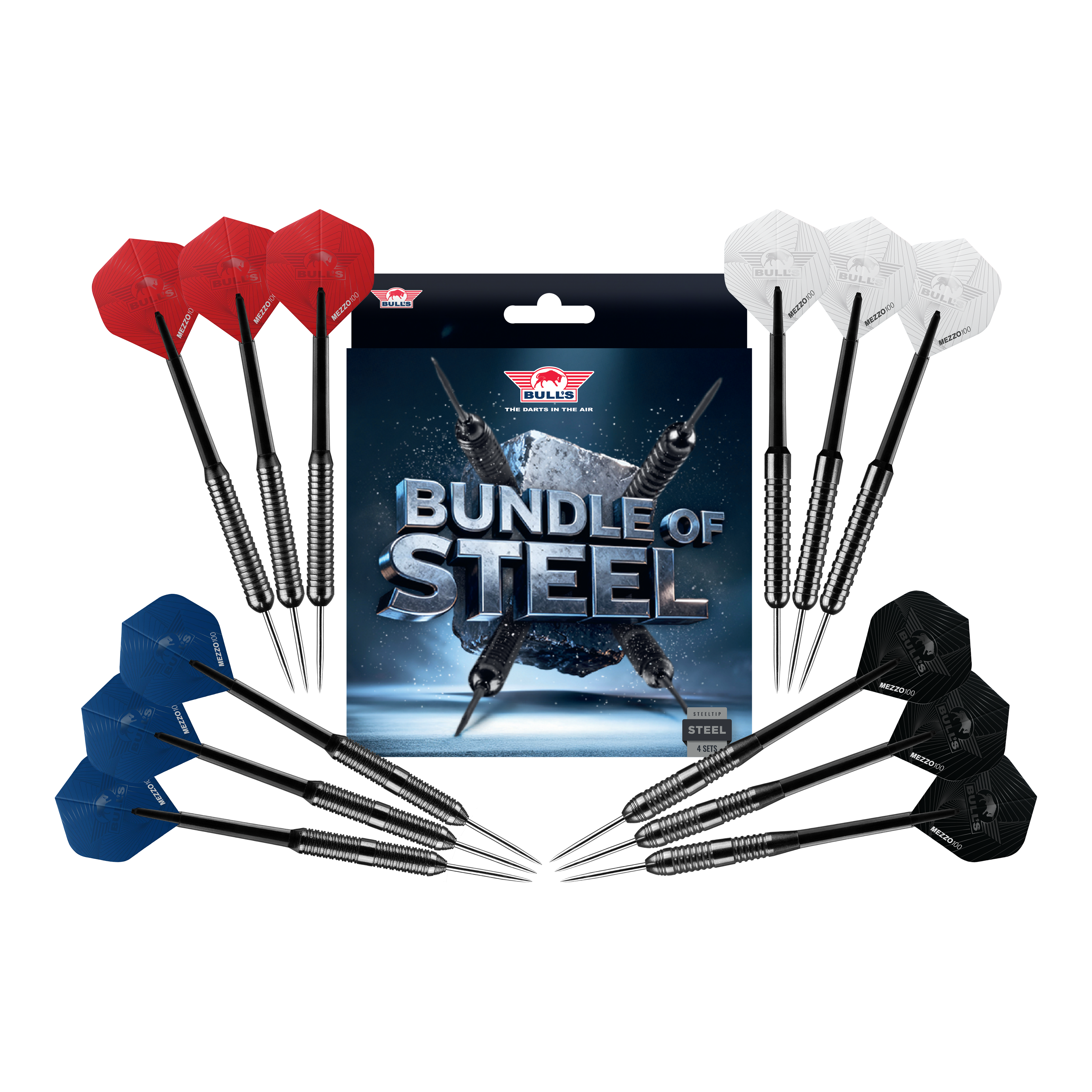 Paquete de dardos de acero Bulls NL - 4 juegos de dardos de acero de latón Zu sehen sind die Bulls NL Bundle Of Steel - 4 Sets Brass Steeldarts. Das Produkt bietet vier Sets Messing-Steeldarts für Dartspieler.