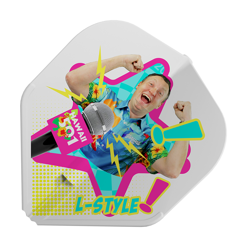 Plumas blancas estilo L Wayne Mardle tipo B L1EZ Das Bild zeigt das Produkt "L-Style Wayne Mardle Type B L1EZ White Flights" mit einem bunten Design. In der Mitte ist eine fröhliche Person abgebildet, umgeben von Mikrofon, Blitzen und dem Schriftzug "L-Style".