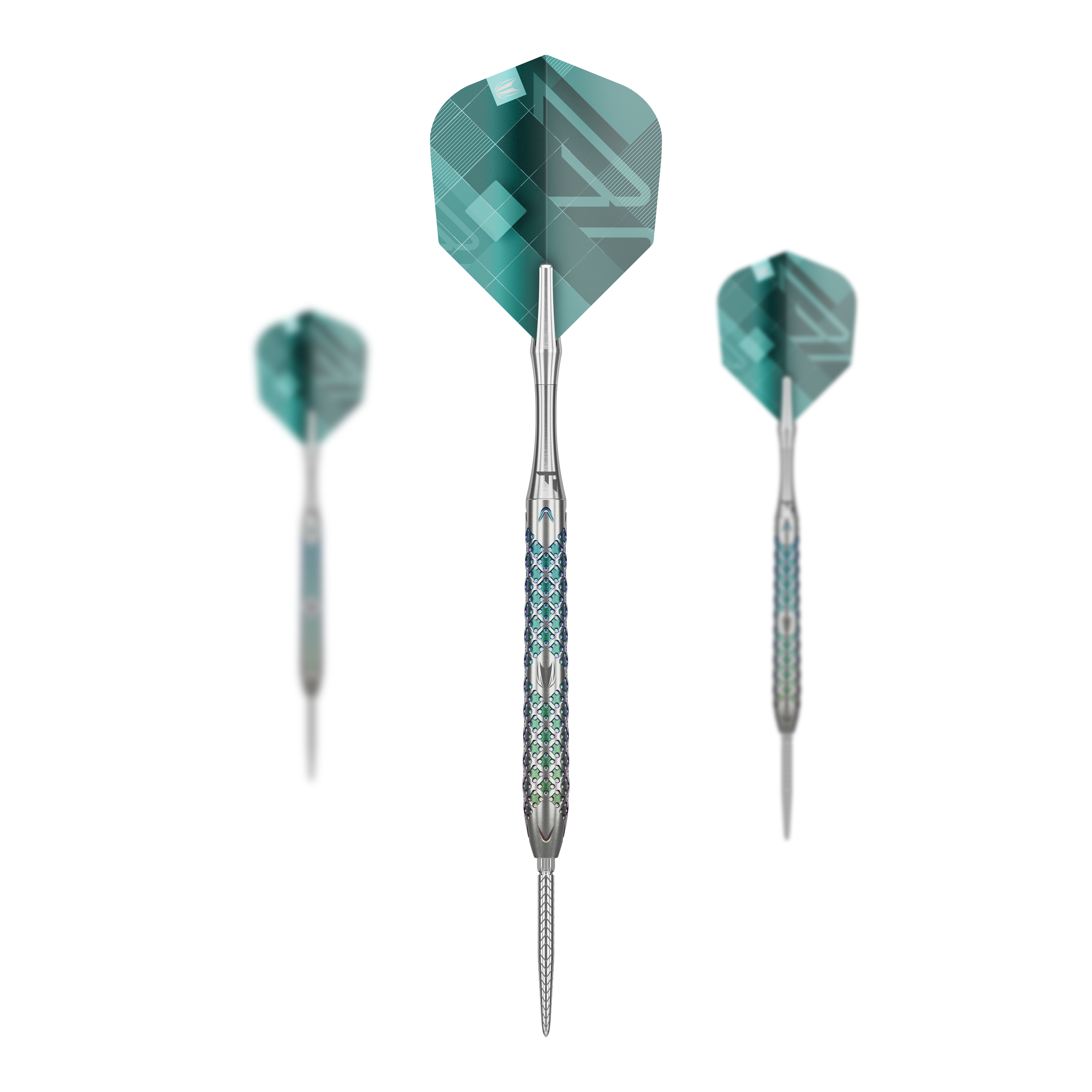 Dardos de acero Target Rove 03 Swiss Point Das Bild zeigt drei Target Rove 03 Swiss Point Steeldarts mit silbernem Schaft und blauen Akzenten. Die Flights sind grün-blau gemustert und die Darts stehen vor einem schwarzen Hintergrund.