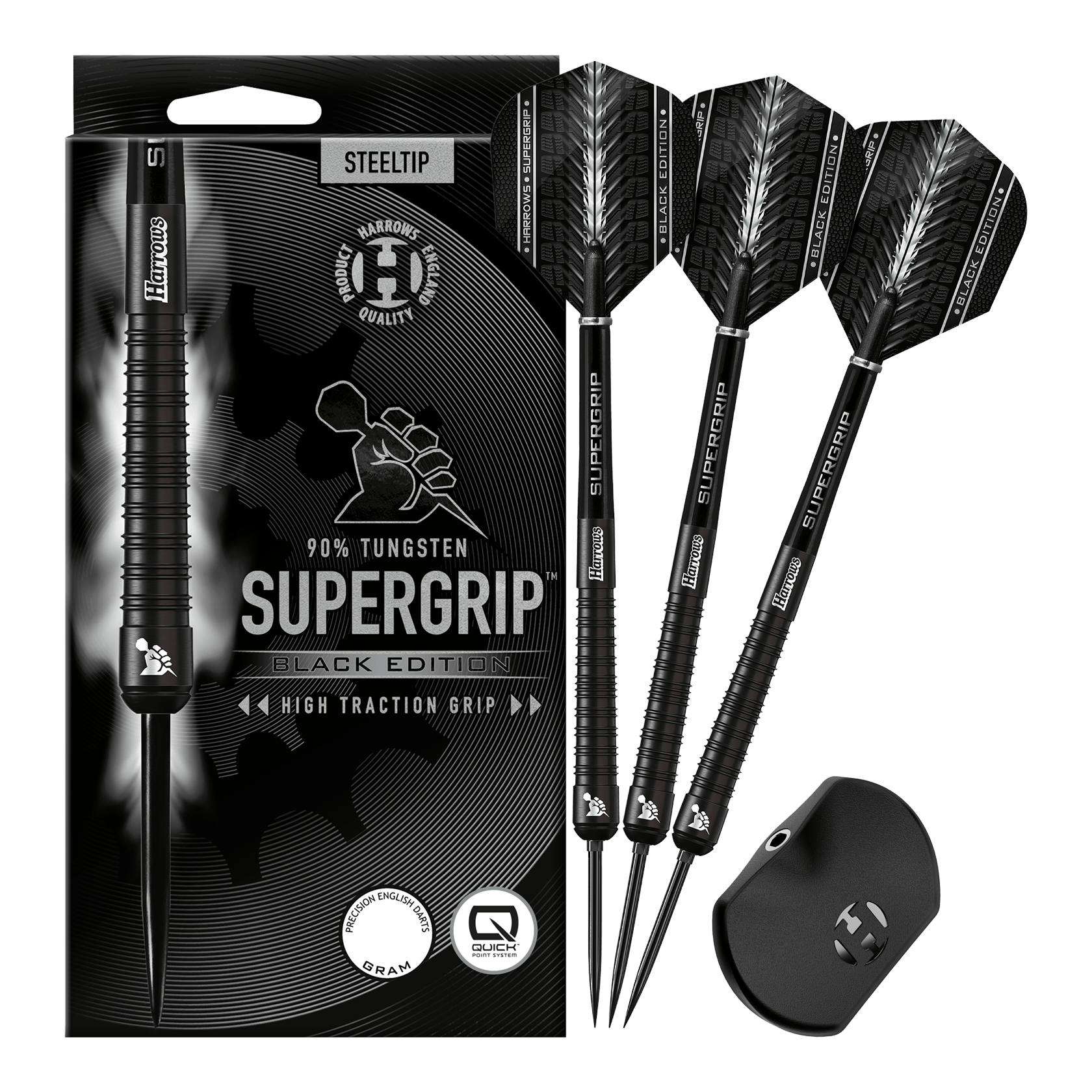Dardos de acero Harrows Supergrip 90 Black Edition Quick Point