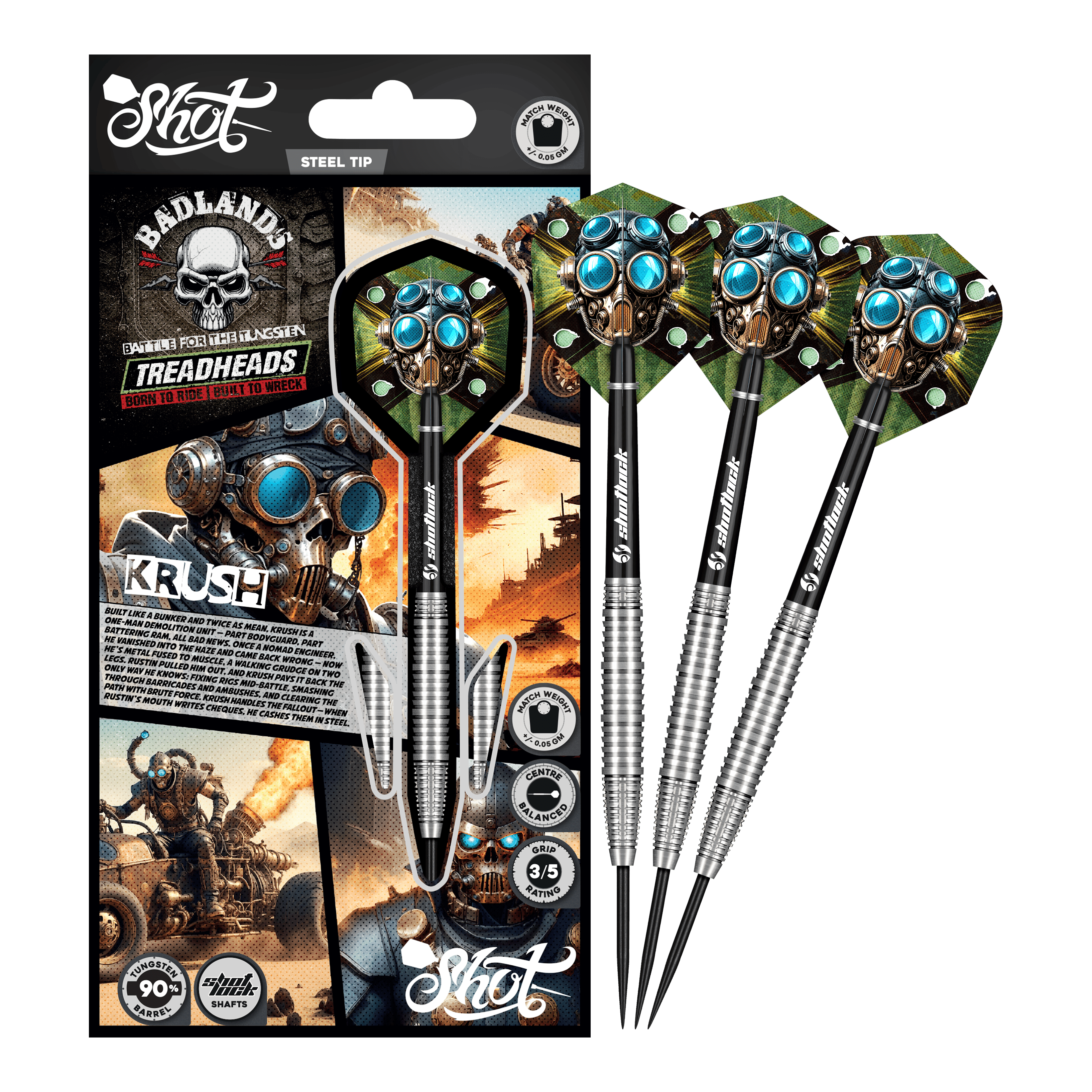 Dargestellt ist das komplette Shot Badlands Krush Steeldarts Set. Das Produkt ist ideal zum gezielten Werfen.