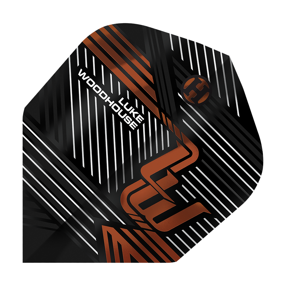 Vuelos de la serie 2 de Luke Woodhouse de Harrow Das Bild zeigt das Produkt "Harrows Luke Woodhouse Series 2 Flights". Auf dem Flight sind schwarze, weiße und kupferfarbene Linien mit dem Namen "Luke Woodhouse" abgebildet.