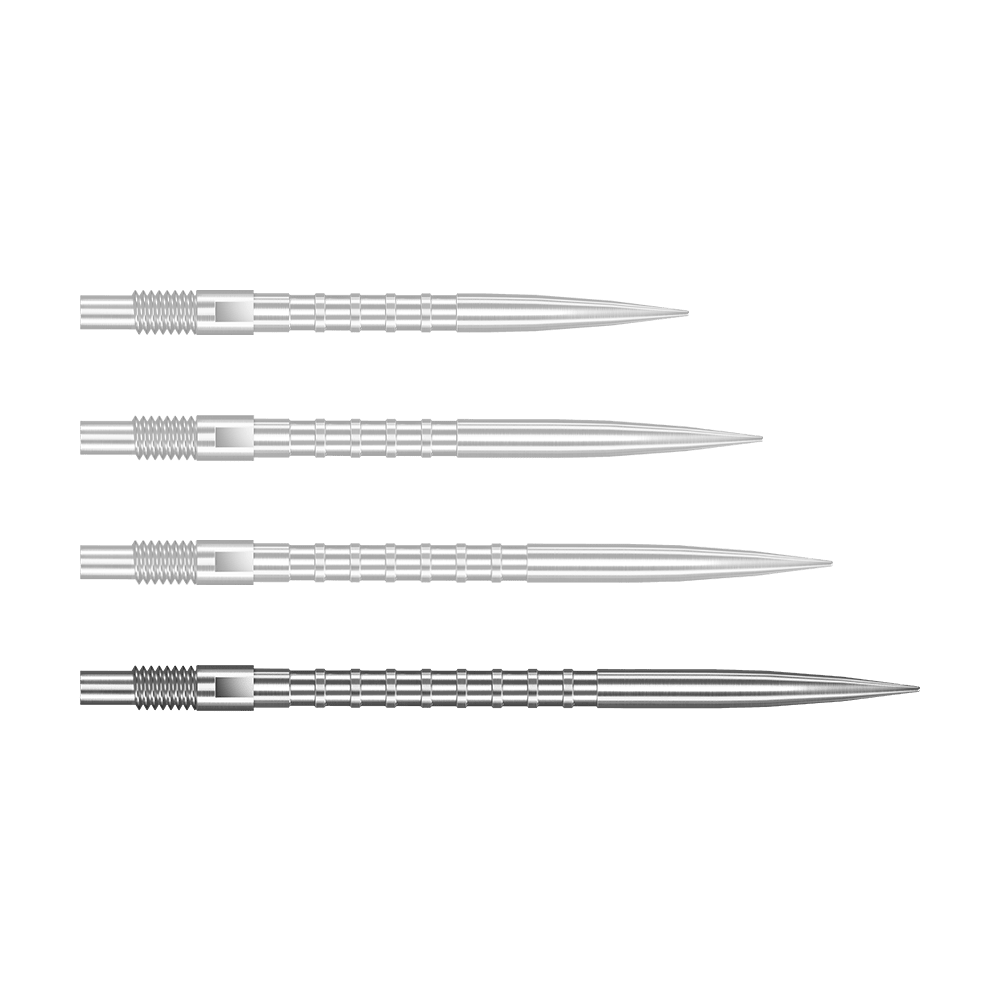Zu sehen ist eine silberne Dartspitze Quick Point Heavy Metal Grip mit 40 mm Länge. Die Spitze ist detailliert abgebildet.