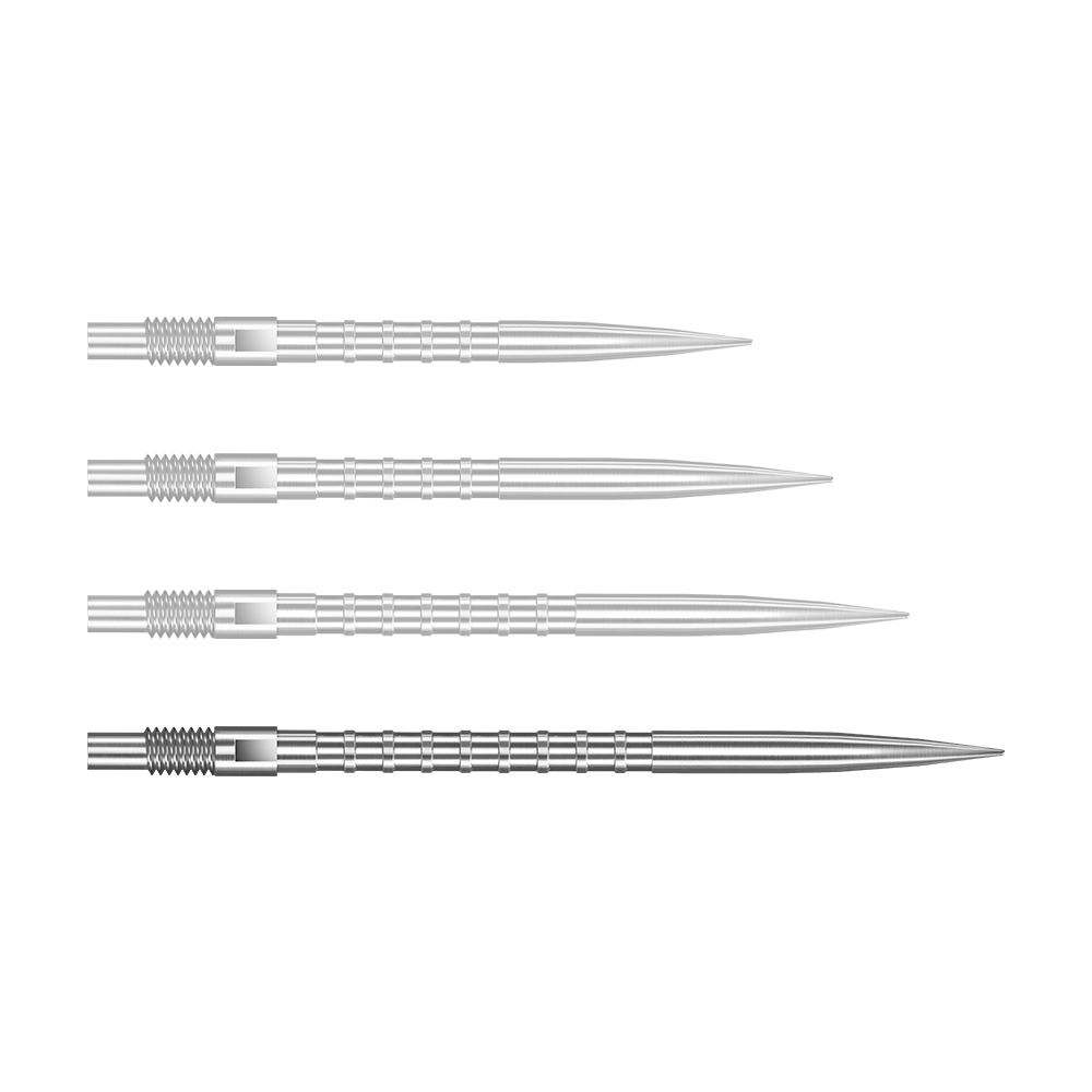 Puntas de dardos de metal pesado Harrows Quick Point - Plateadas Zu sehen ist eine silberne Dartspitze Quick Point Heavy Metal Grip mit 40 mm Länge. Die Spitze ist detailliert abgebildet.