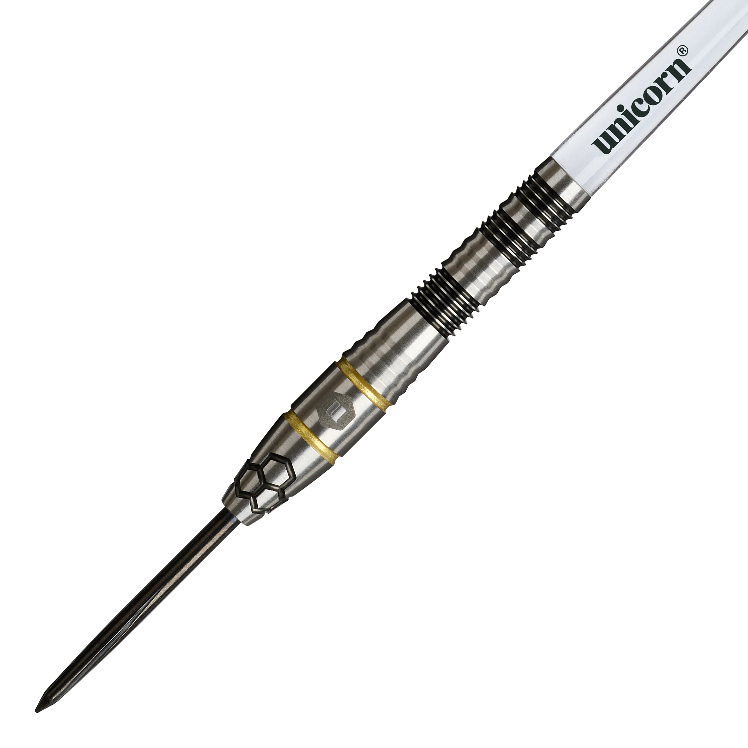 Dardos de acero Unicorn Hexium Style 01 negros y dorados Auf diesem Foto sind die Unicorn Hexium Style 01 Black & Gold Steeldarts zu sehen. Die Darts heben sich durch ihr elegantes Design in Schwarz und Gold hervor.