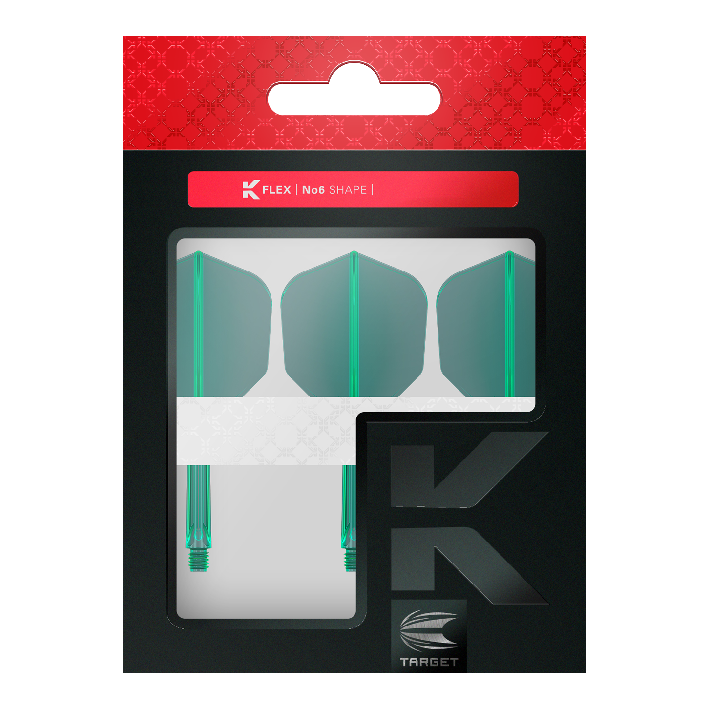 Sistema de vuelo Target K-Flex No6 - Verde Zwei Dart-Flights mit identischem Design werden nebeneinander gezeigt. Die Aussagekraft der Linien ist klar zu erkennen.