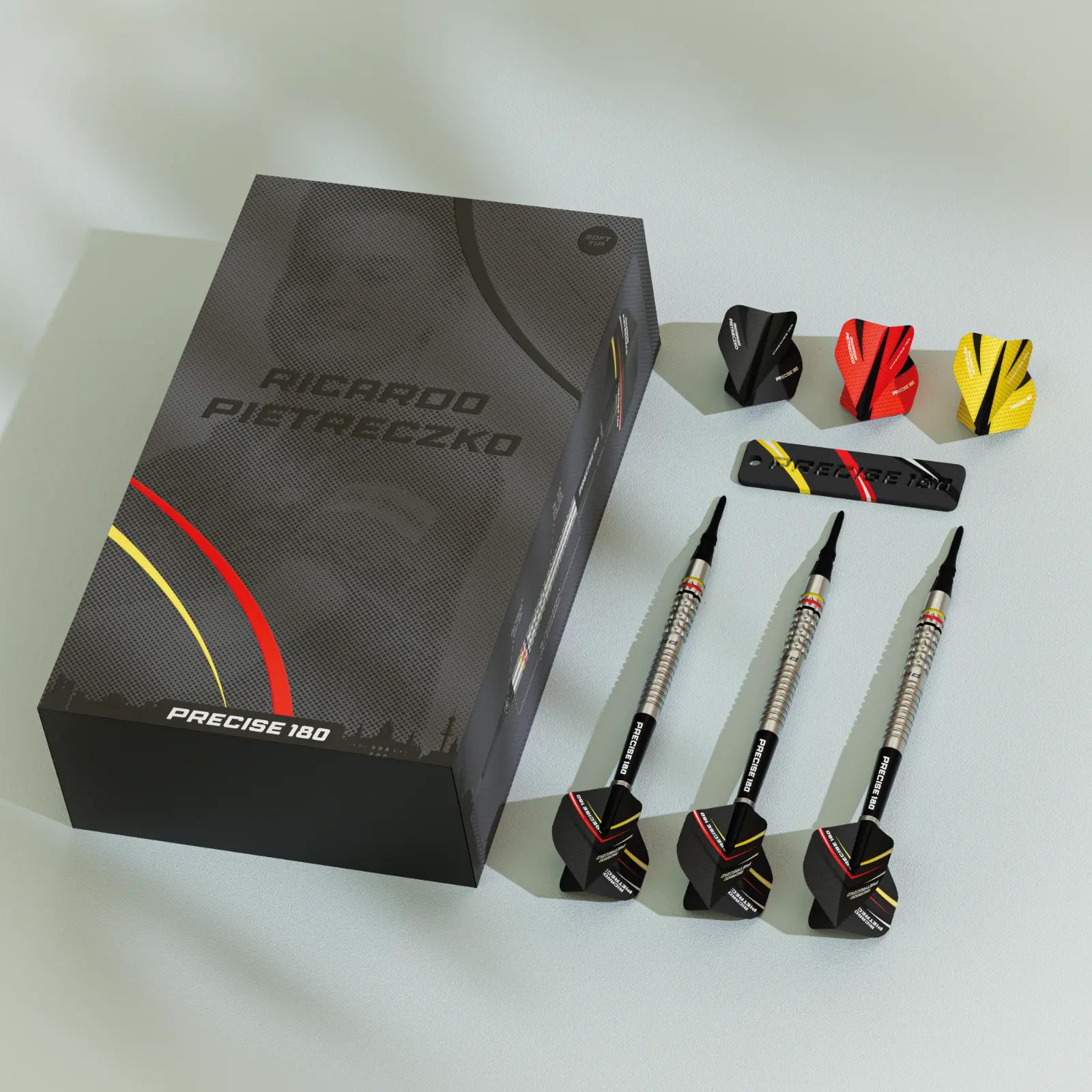 Dardos blandos Precise 180 Ricardo Pietreczko GEN1 Zu sehen ist das Produkt Precise 180 Ricardo Pietreczko GEN1 Softdarts. Diese Darts wurden für professionelle Dartspieler entworfen.