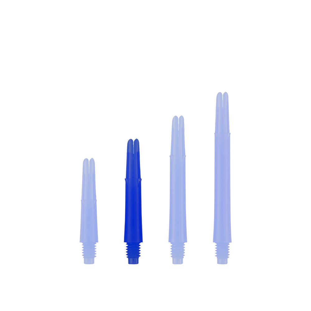 Ejes en L bloqueados rectos estilo L - Azul Auf dem Bild sind vier blaue Dartschäfte in unterschiedlichen Längen zu sehen. Sie stehen nebeneinander aufrecht vor weißem Hintergrund.