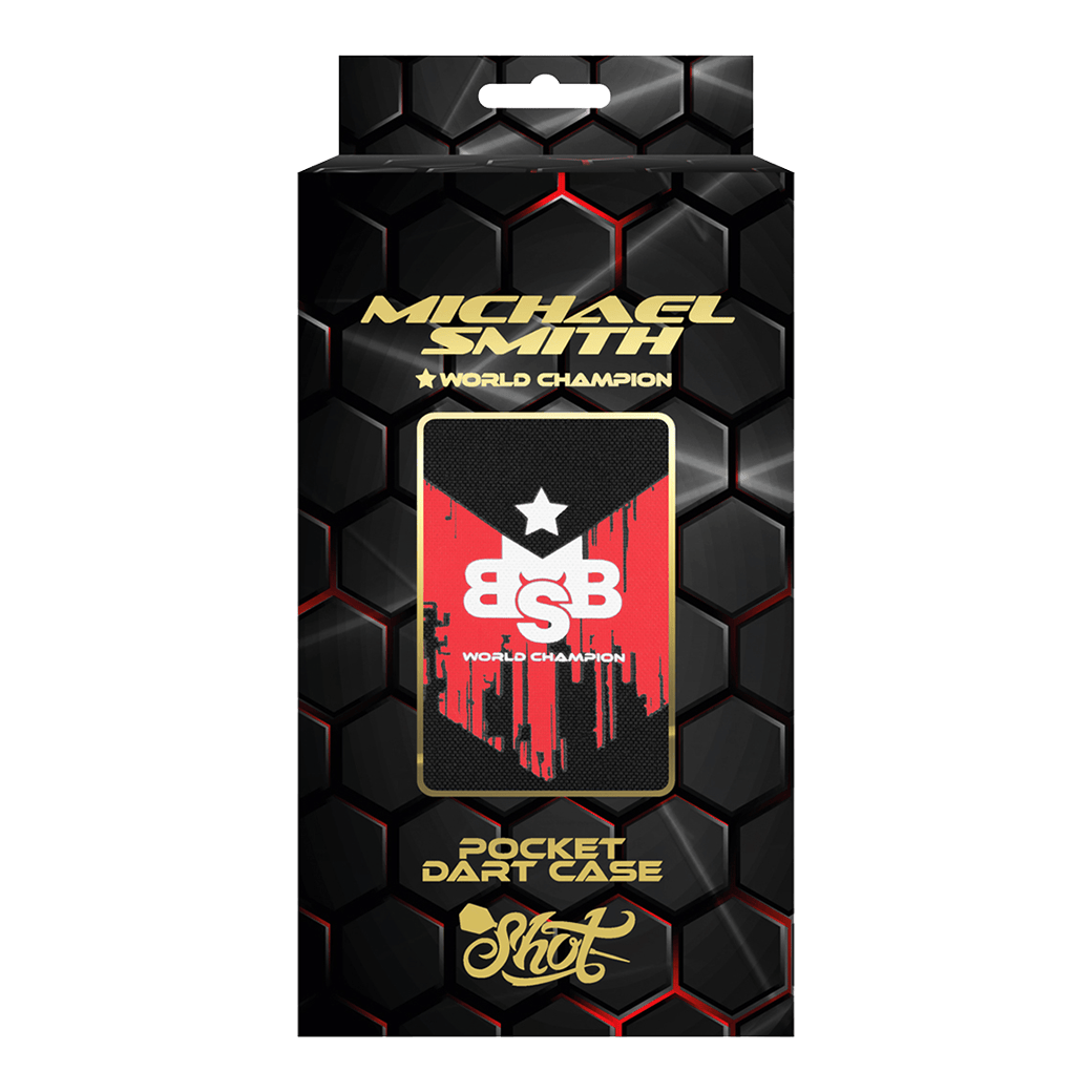 Estuche de dardos de bolsillo Shot Michael Smith World Champion - Victory Die Abbildung zeigt die Verpackung des Produkts "Shot Michael Smith World Champion Pocket Dartcase - Victory". Das Design ist schwarz mit goldener Schrift und hebt das Dartcase sowie den Titel "World Champion" hervor.