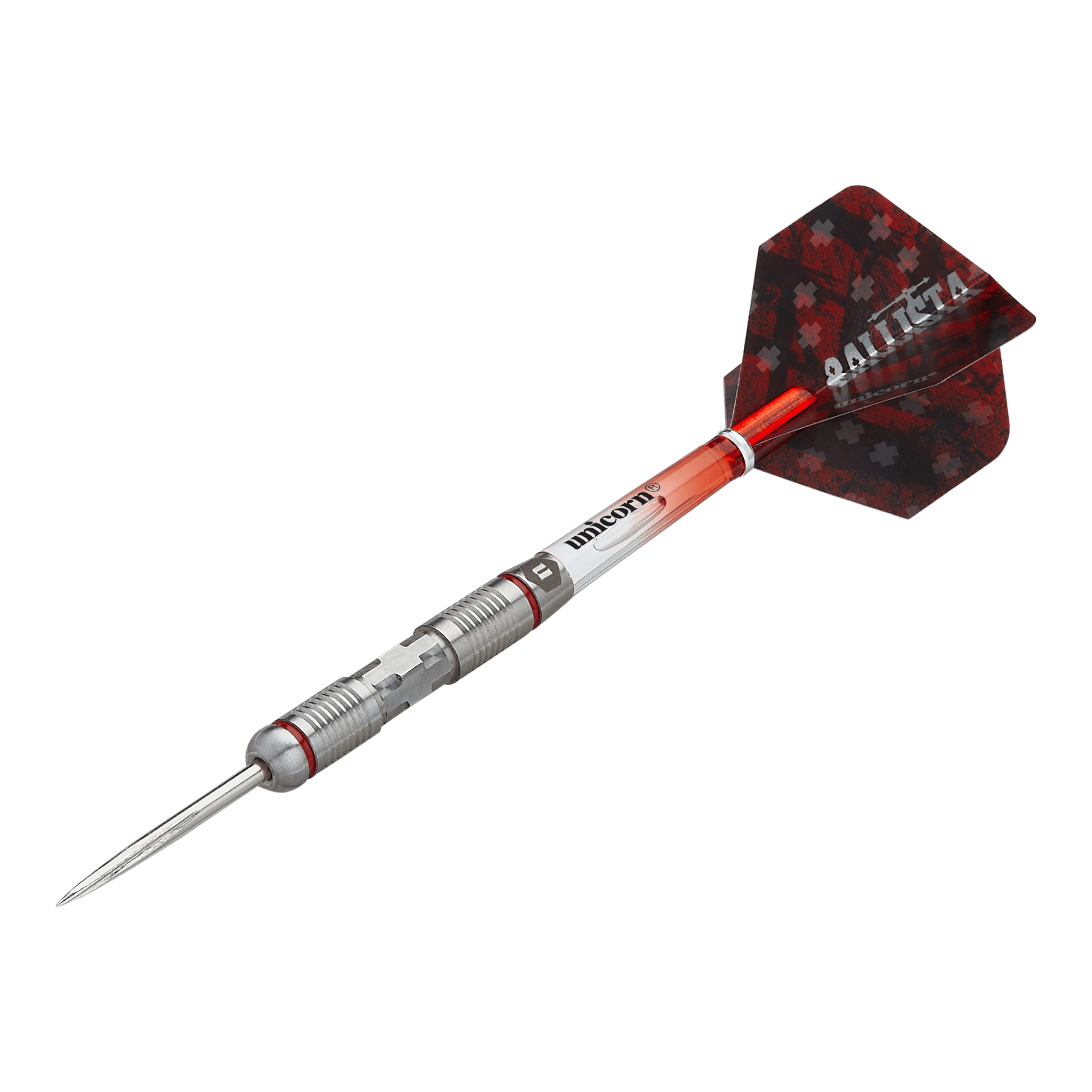 Dardos de acero estilo Ballista Unicorn 2 Das Bild zeigt den Steeldart "Unicorn Ballista Style 2". Der Dart hat einen silbernen Metallkörper mit roten Akzenten und schwarze Flights mit rotem Muster.