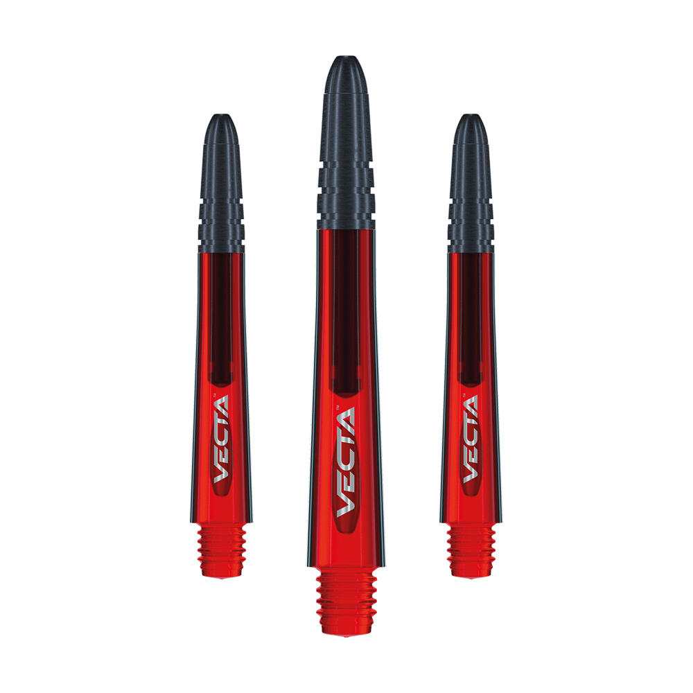 Auf dem Bild sind drei rote Winmau Vecta Shafts zu sehen. Die Schäfte haben schwarze Enden und tragen den Schriftzug "VECTA".