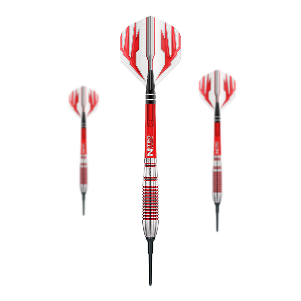 Dardos blandos Red Dragon Reflex - 22 g Das Bild zeigt drei Red Dragon Reflex Softdarts mit einem Gewicht von 22 g. Die Darts haben rote und silberne Griffe sowie weiße Flights mit roten Mustern.