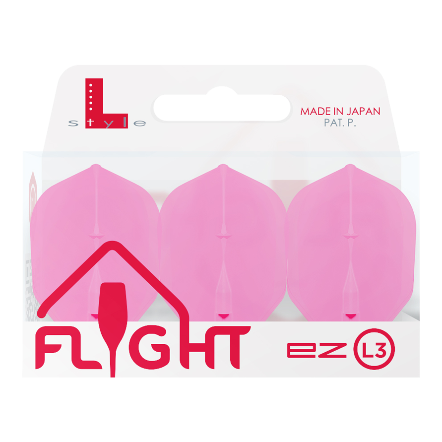 Vuelos L-L-Style3EZ Die Abbildung zeigt eine Packung mit drei pinken Dartflights der Marke L-Style. Auf der Verpackung steht "FLIGHT" und "MADE IN JAPAN".