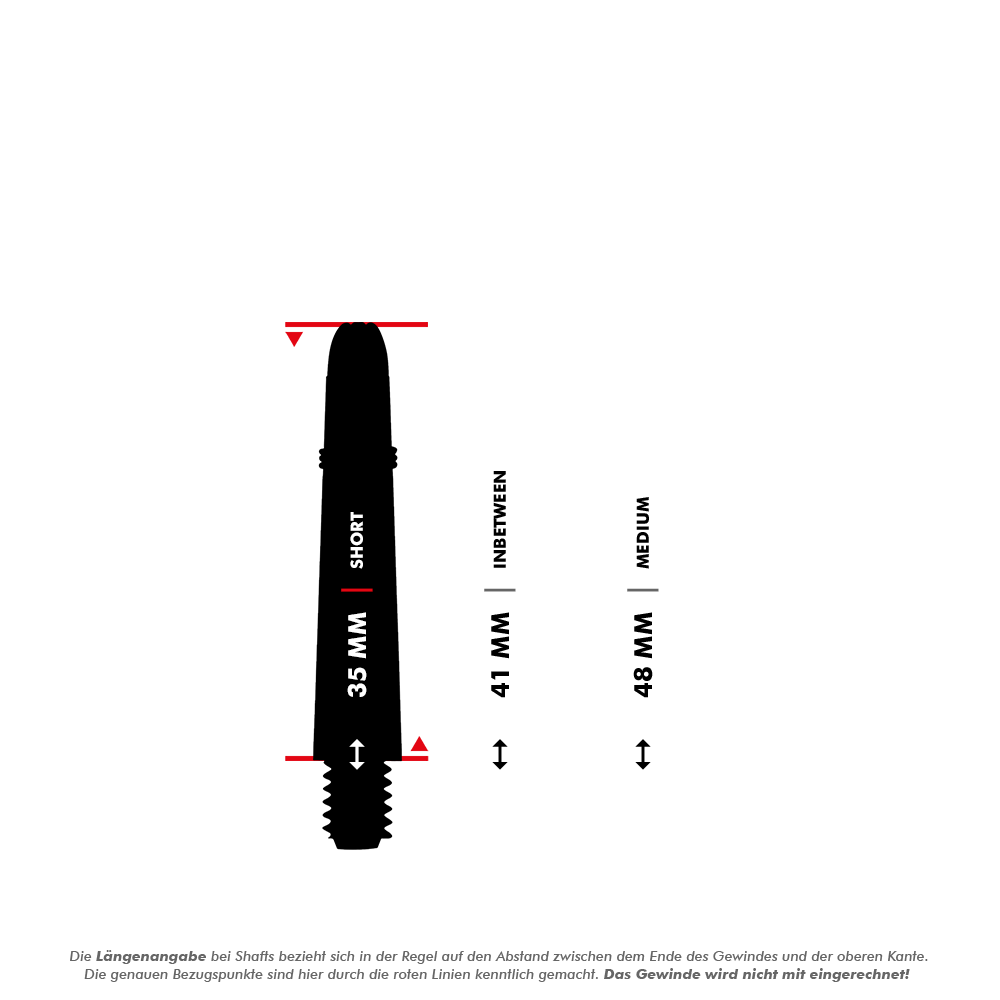 Flechas de carbono Shot Koi - Amarillas Das Bild zeigt drei verschiedene Längen von Carbon-Schäften: 35 mm (Short), 41 mm (Inbetween) und 48 mm (Medium). Es wird durch rote Linien verdeutlicht, wie die Längen gemessen werden, wobei das Gewinde nicht mit eingerechnet wird.