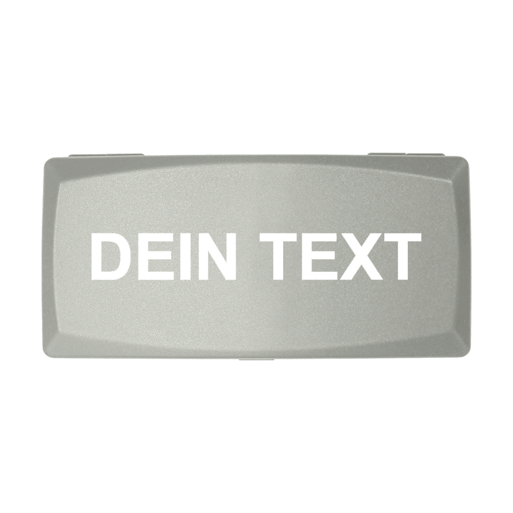 Caja de ABS con impresión personalizada Auf dem Bild ist eine graue Box zu sehen. Auf der Box steht in weißen Buchstaben "DEIN TEXT".