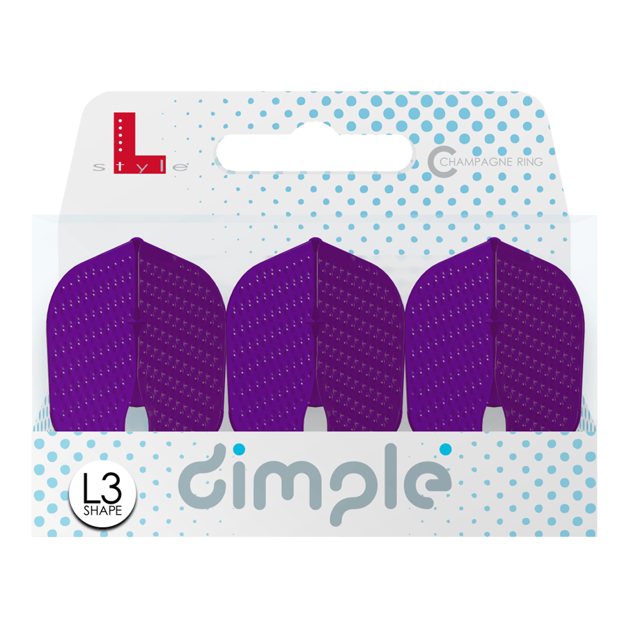 L-Style Flights Dimple Champagne L3PRO Shape Das Bild zeigt eine Verpackung mit drei lila Dart-Flights namens "L-Style Flights Dimple Champagne L3PRO Shape". Die Verpackung ist weiß mit blauen Punkten und gut lesbarer Produktbeschriftung.