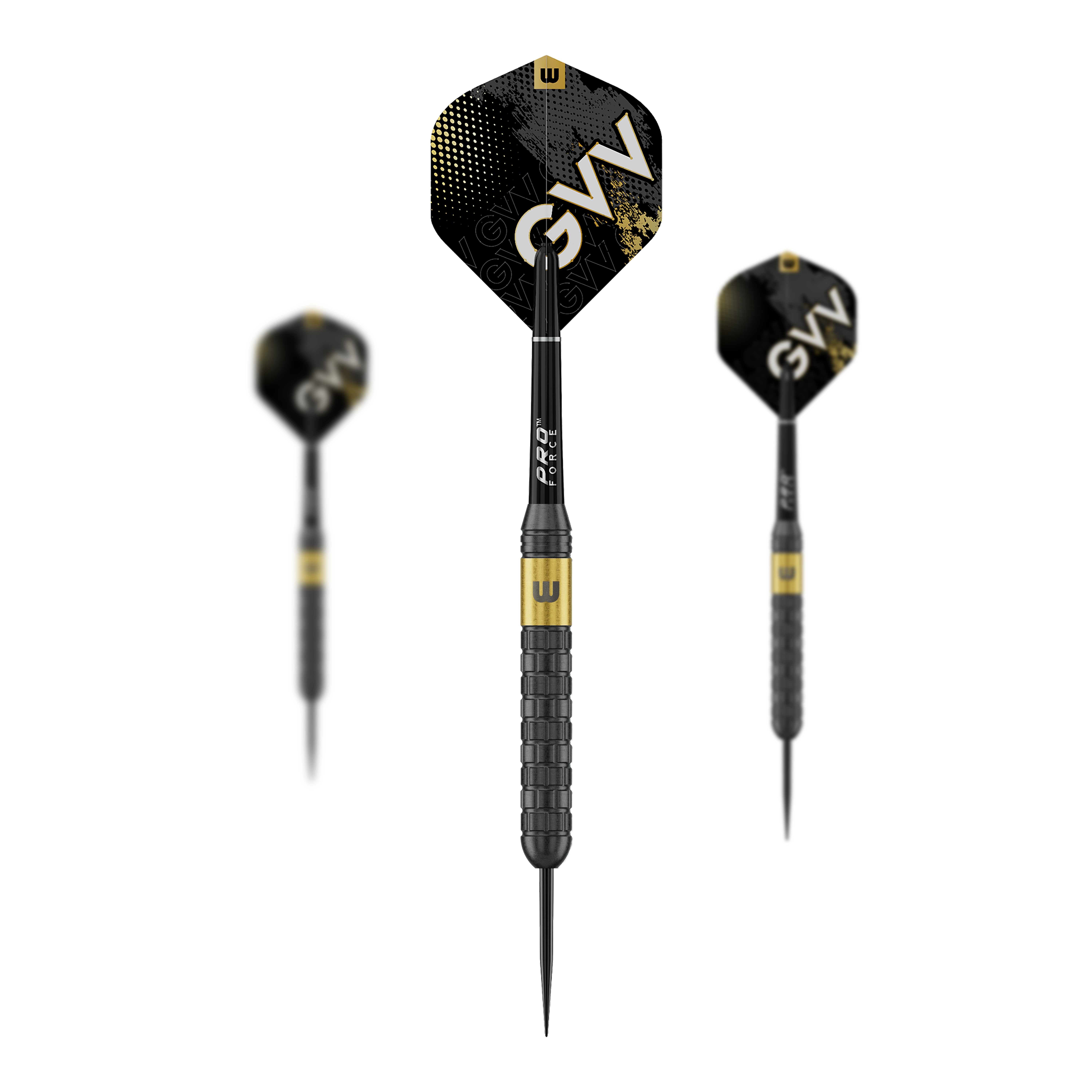 Dardos de acero Winmau Gian Van Veen Core Brass - 21 g Abgebildet ist ein Set von Winmau Gian Van Veen Core Brass Steeldarts 21g. Die drei Darts sind nebeneinander angeordnet.