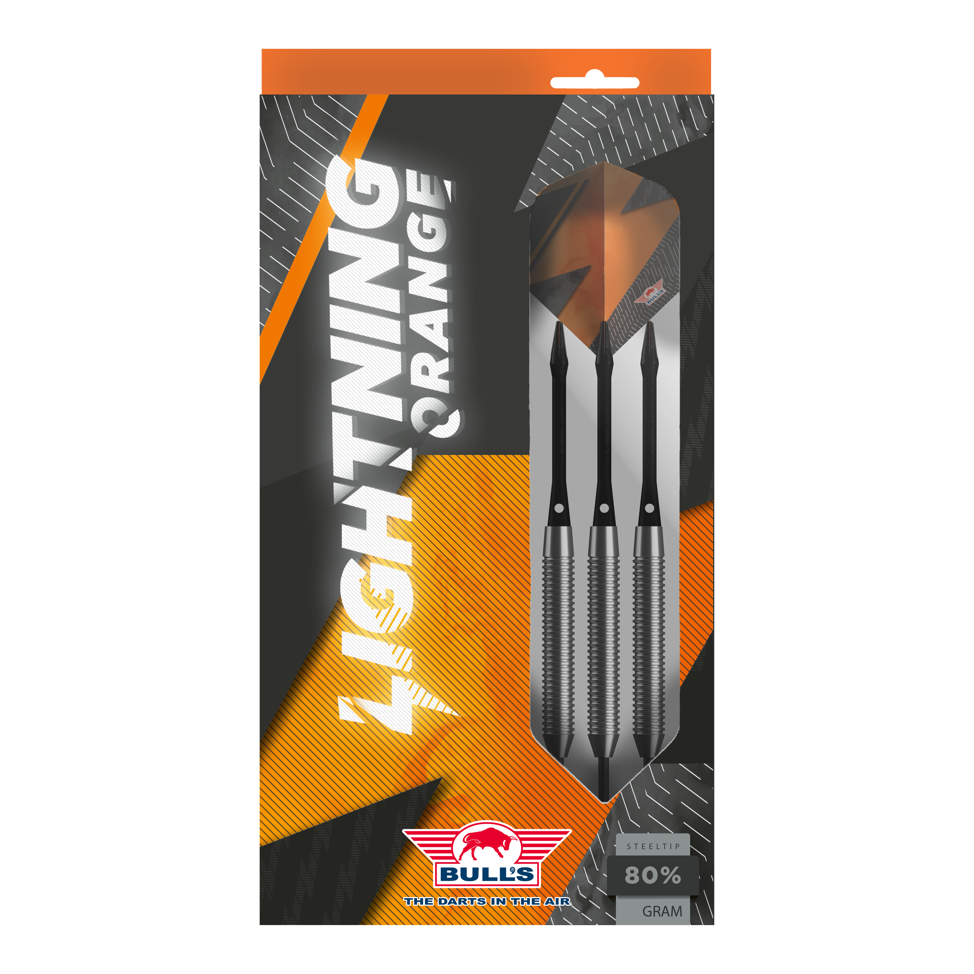 Dardos de acero naranja Bulls NL Lightning Das Bild zeigt die Verpackung der "Bulls NL Lightning Orange Steeldarts". In der Packung befinden sich drei Steeldarts mit orange-schwarzem Design.