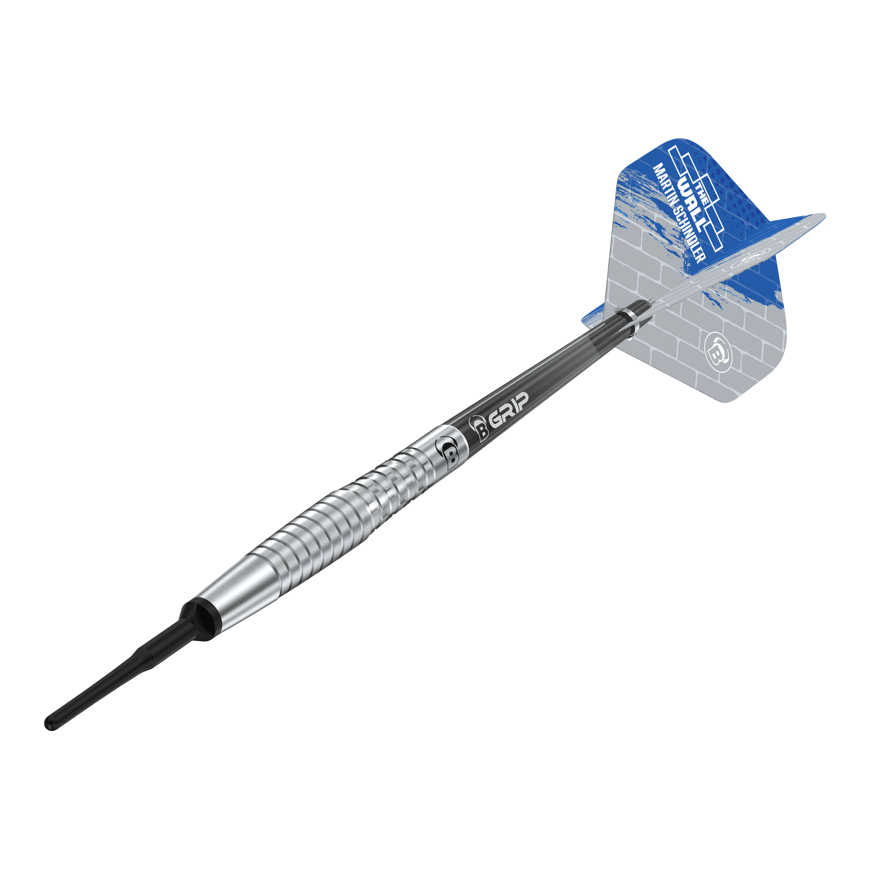 Das Bild zeigt den Softdart "Bulls Martin Schindler Original Generation 2". Der Dartpfeil hat einen silbernen, geriffelten Barrel und blaue Flights mit weißem Muster.