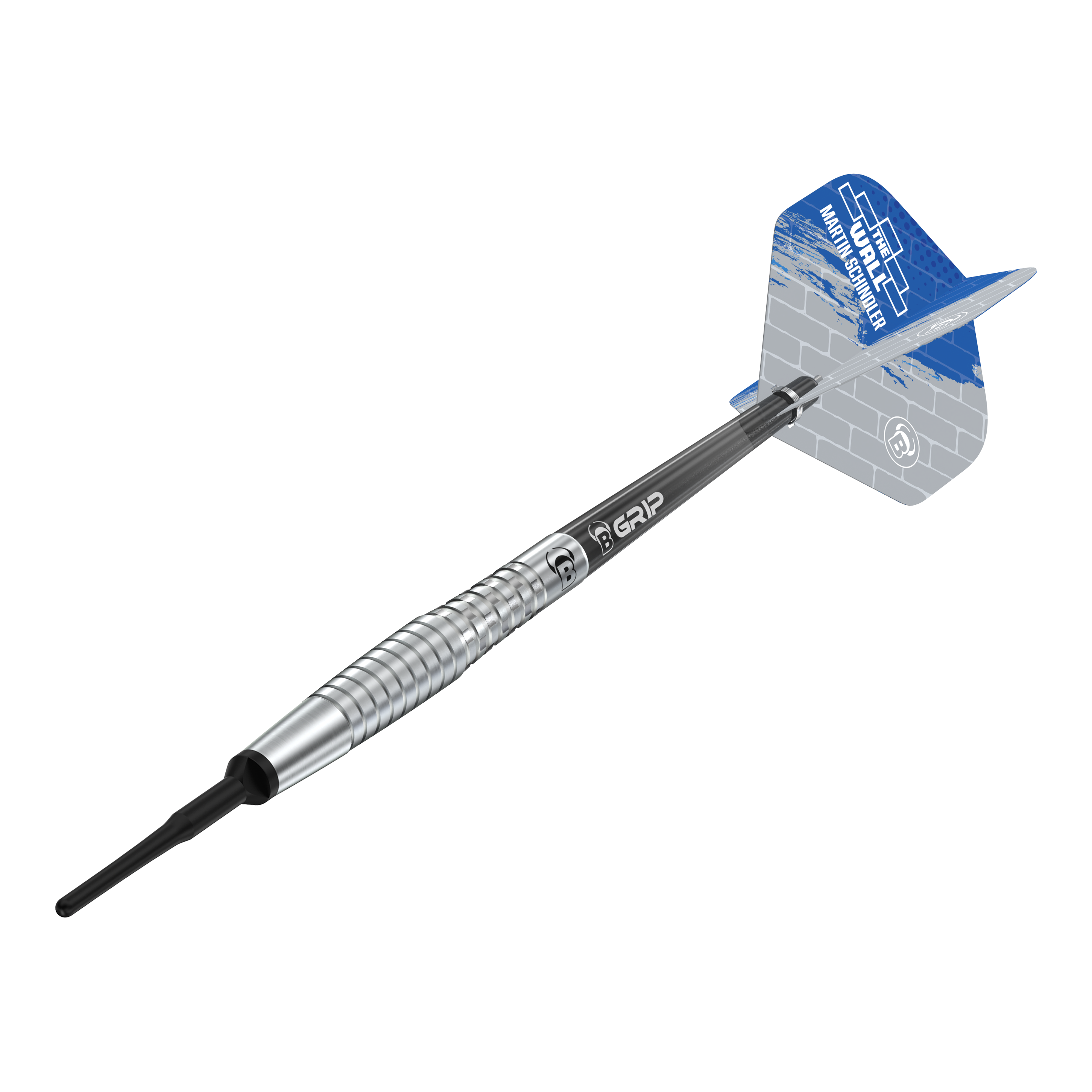 Dardos blandos Bulls Martin Schindler Original Generation 2 Das Bild zeigt den Softdart "Bulls Martin Schindler Original Generation 2". Der Dartpfeil hat einen silbernen, geriffelten Barrel und blaue Flights mit weißem Muster.