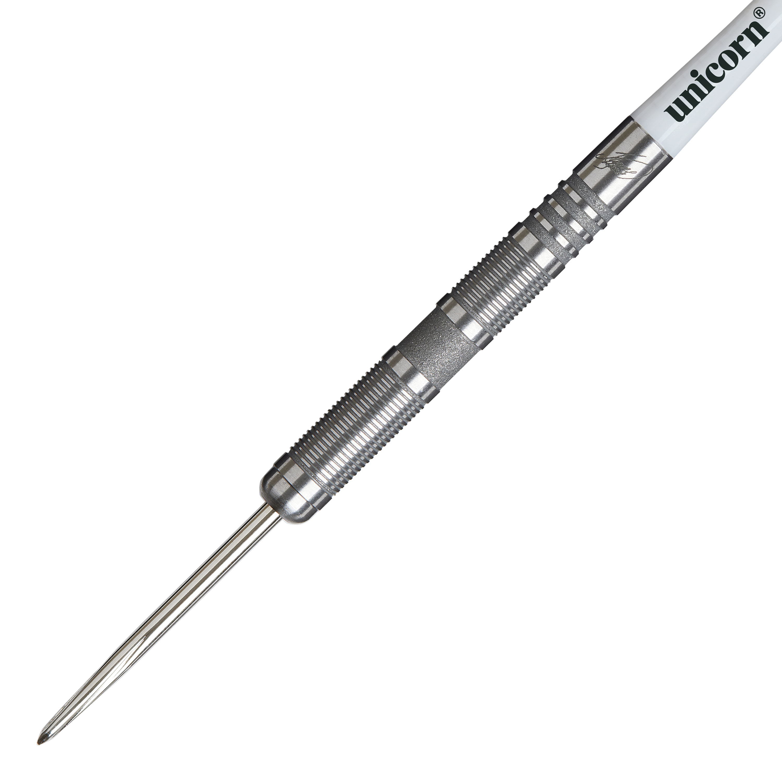 Dardos de acero Unicorn James Wade The Machine Range Phase 4 Das Bild zeigt einen Unicorn James Wade The Machine Range Phase 4 Steeldart. Der Dartpfeil ist silberfarben und hat eine geriffelte Griffzone für besseren Halt.