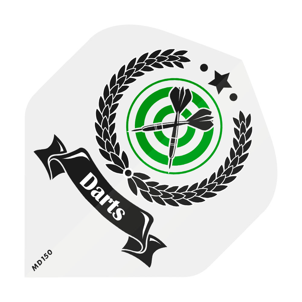 MD-201-Log_2-Seitig_Bedruckte_Flights_Logo_MD150_2 Das Bild zeigt ein grünes Dartscheiben-Ziel mit zwei schwarzen Pfeilen in der Mitte, umgeben von einem Lorbeerkranz. Ein schwarzes Band mit dem weißen Schriftzug "Darts" verläuft quer durch das Bild.
