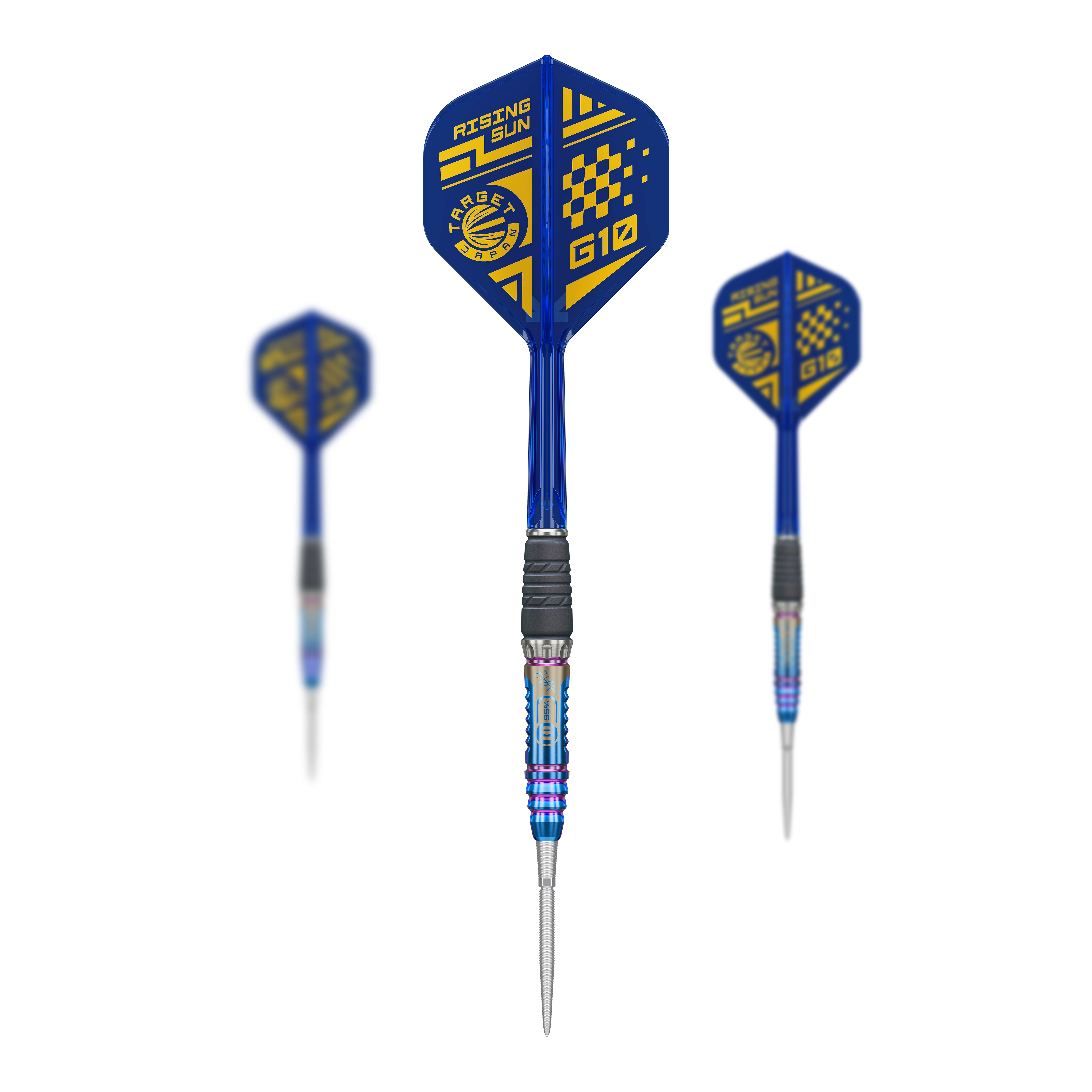 Abgebildet sind die Target Japan Rising Sun GEN10 Swiss Point Steeldarts als komplettes Set. Die Darts werden mit Schaft und Flights präsentiert.