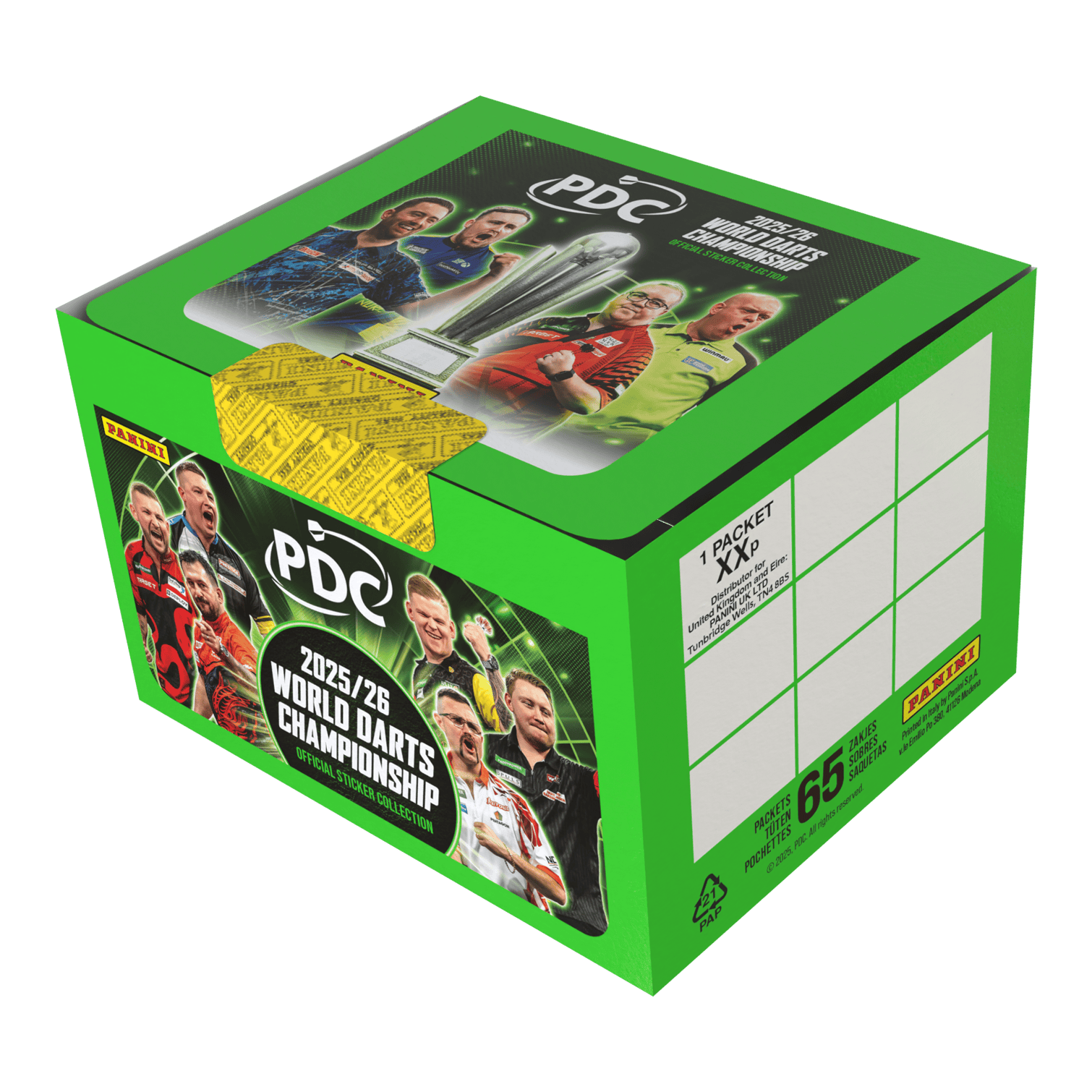 Panini PDC Campeonato Mundial de Dardos 2025/26 - Caja de cromos con 65 paquetes Abgebildet ist die Panini PDC World Darts Championship 2025/26 Stickerbox mit 65 Tüten. Diese Box enthält Stickertüten zum Sammeln von Motiven des Darts-Turniers.