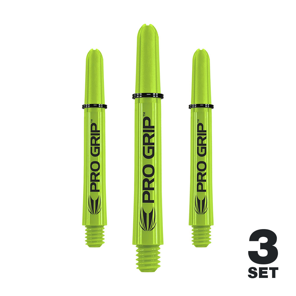 Varillas Target Pro Grip - 3 juegos - Verde lima Das Bild zeigt drei limegrüne Pro Grip Shafts für Darts. In der rechten unteren Ecke steht "3 SET".