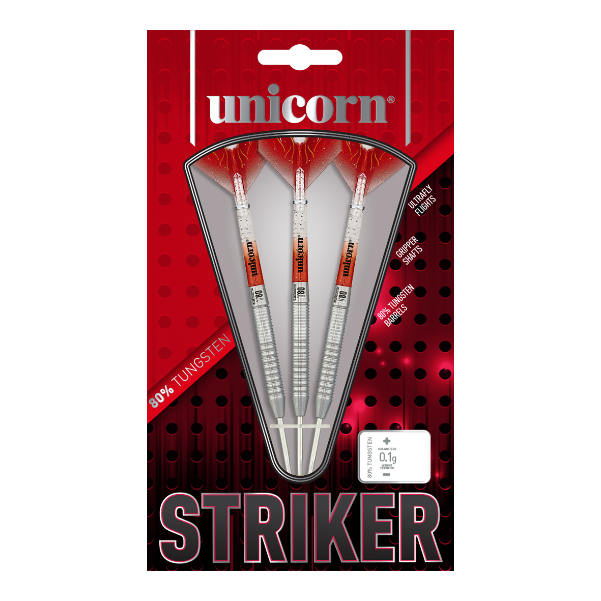 Dardos de acero Unicorn Core XL Striker Style 5 Das Bild zeigt die Verpackung der "Unicorn Core XL Striker Style 5 Steeldarts". In der Packung befinden sich drei Steeldarts mit silbernen Schäften und roten Flights.