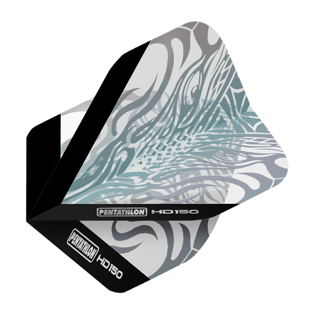 Plumas estándar transparentes metálicas Pentathlon HD150 Das Bild zeigt das Produkt "Pentathlon HD150 Metallic Clear Standard Flights". Die Dartflight ist größtenteils durchsichtig mit metallisch glänzenden Mustern und schwarzem Rand.