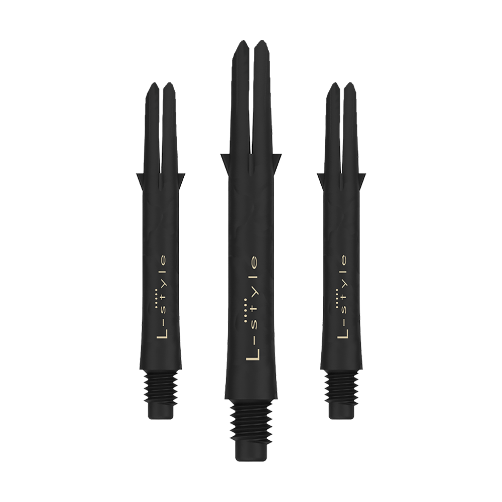 Ejes de carbono estilo L Das Bild zeigt drei schwarze Dartschäfte aus Carbon der Marke L-style. Die Schäfte sind ohne Kappen und haben eine Länge von 39 mm.
