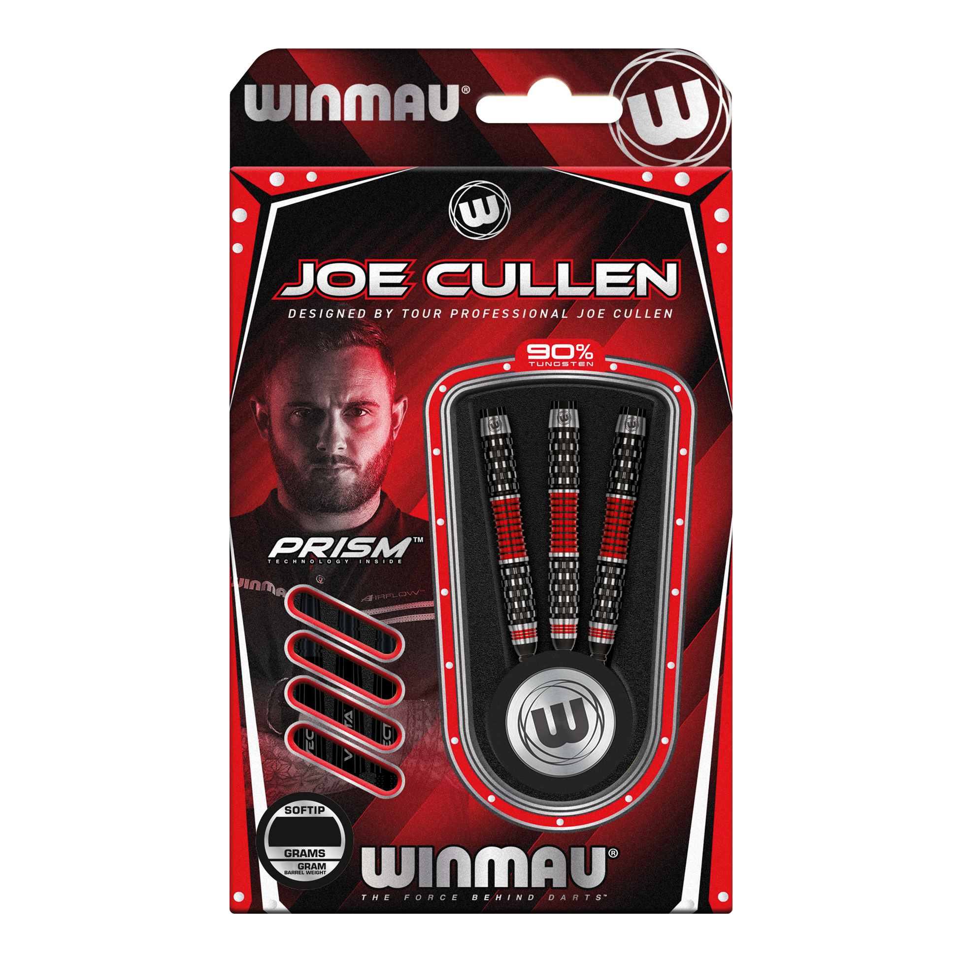 Dardos blandos Winmau Joe Cullen Rockstar Series RS1 - 20 g Die Abbildung zeigt die Winmau Joe Cullen Rockstar Series RS1 Softdarts mit 20g Gewicht. Die Darts sind in einer rot-schwarzen Verpackung und enthalten 90% Tungsten.