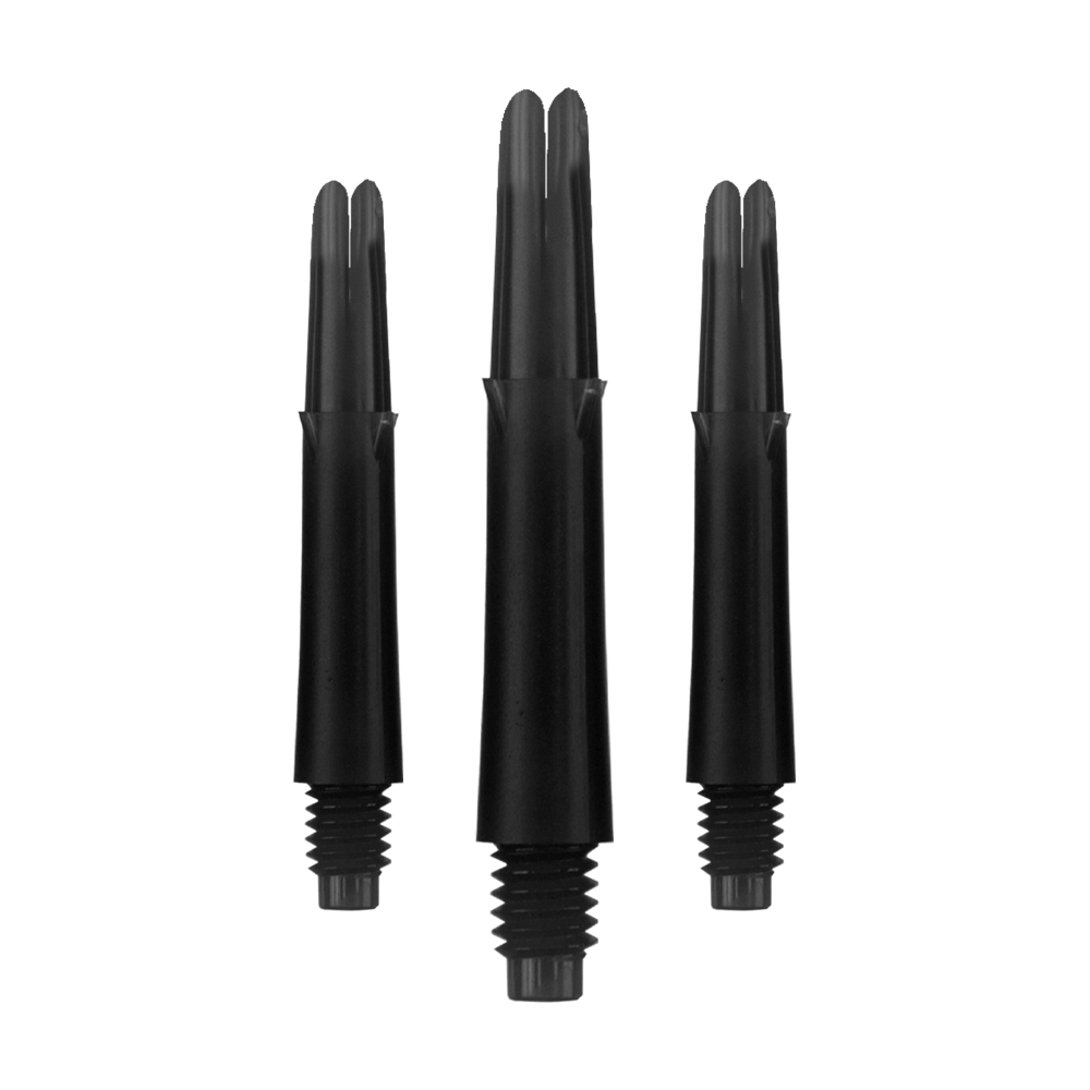 Ejes en L estilo L bloqueados rectos - Negro Auf dem Bild sind drei schwarze Dartschäfte in unterschiedlichen Längen zu sehen. Sie sind gerade geformt und haben ein Gewinde am unteren Ende.