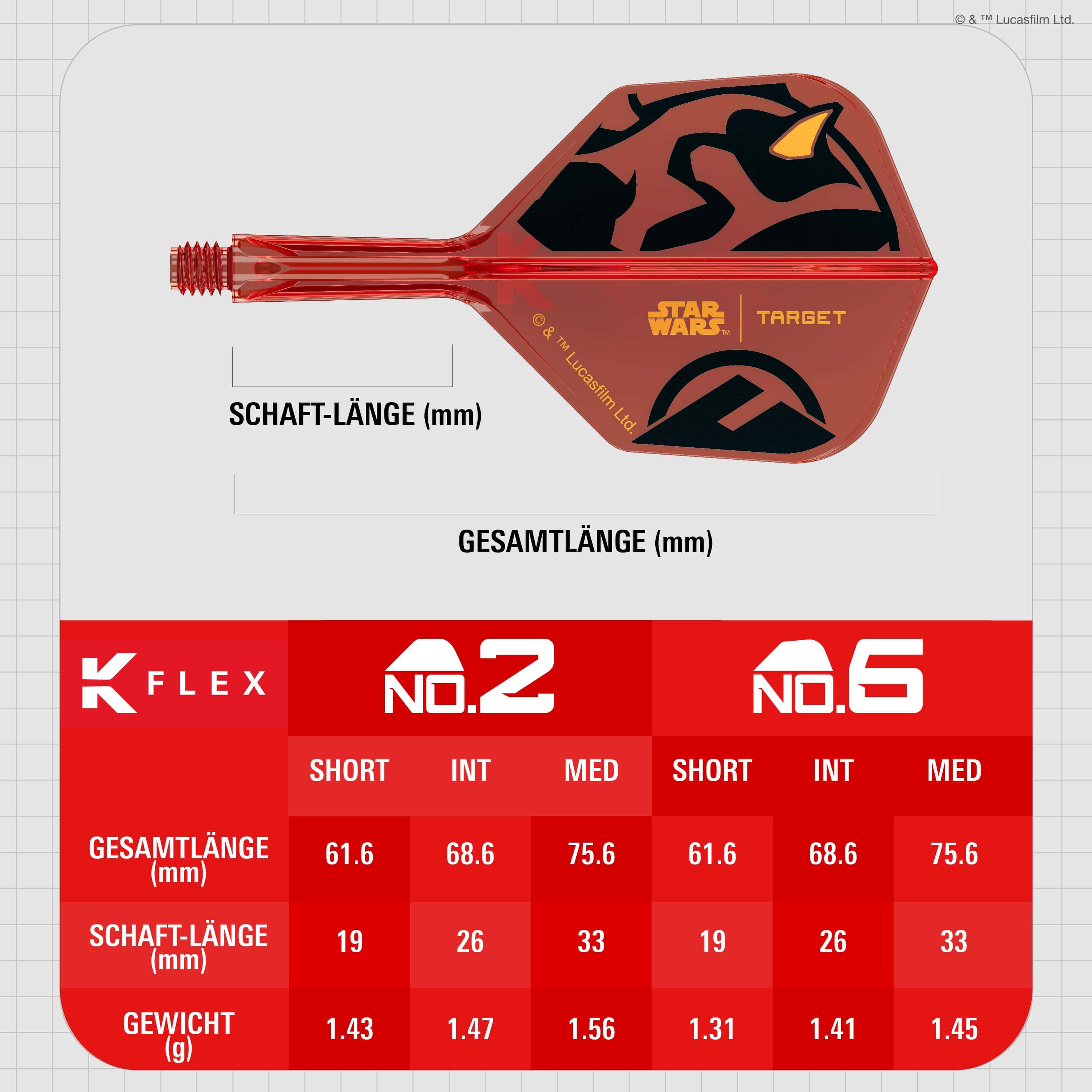 Target Star Wars K-Flex Darth Maul No. 2 Vuelos Estándar Das Bild zeigt die Target Star Wars K-Flex Darth Maul No6 Flights. Die Dartflights sind im Stil von Darth Maul aus Star Wars gestaltet.