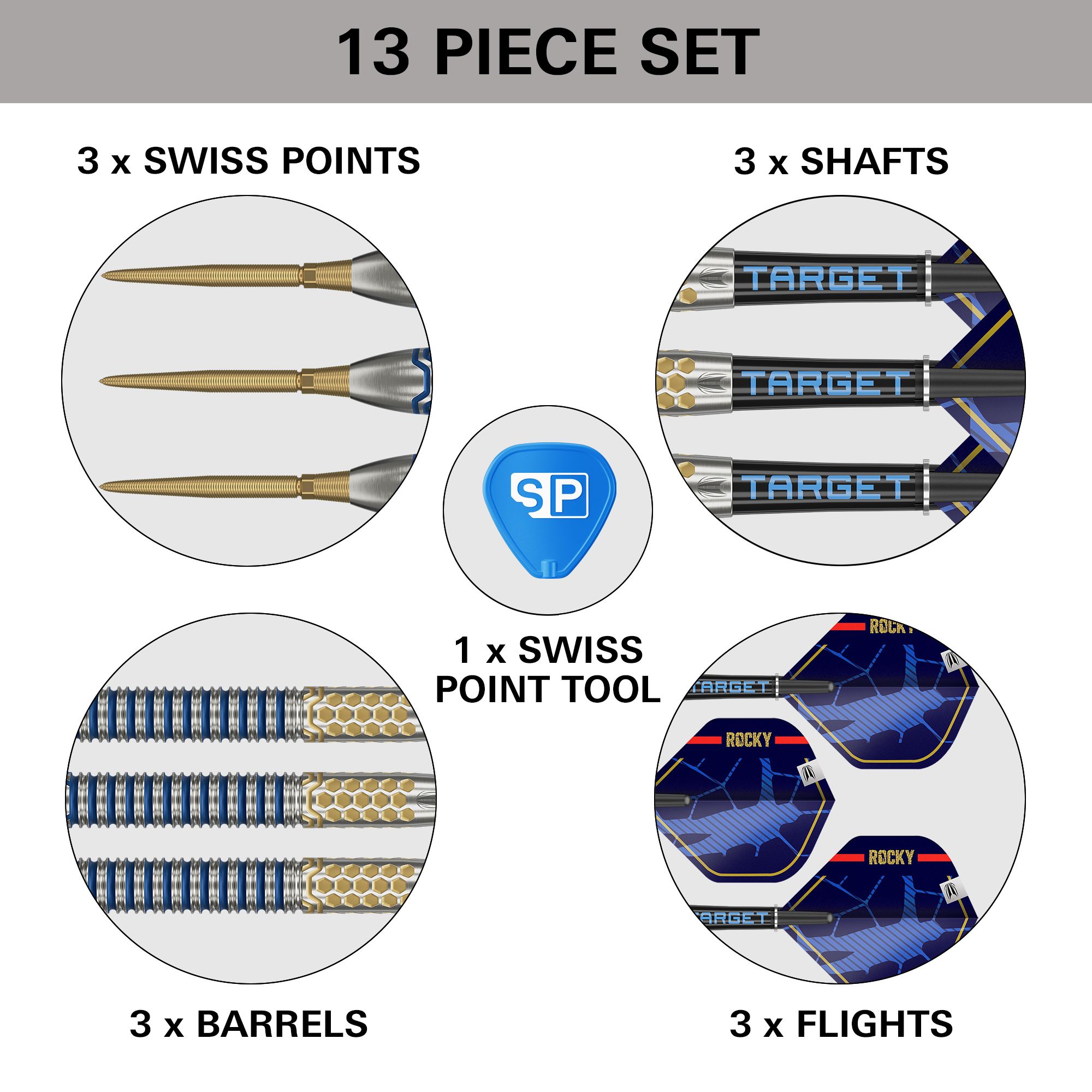 Dardos de acero Target Josh Rock GEN1 Swiss Point Das Bild zeigt ein 13-teiliges Set des Produkts "Target Josh Rock GEN1 Swiss Point Steeldarts". Enthalten sind 3 Swiss Points, 3 Barrels, 3 Shafts, 3 Flights und 1 Swiss Point Tool.