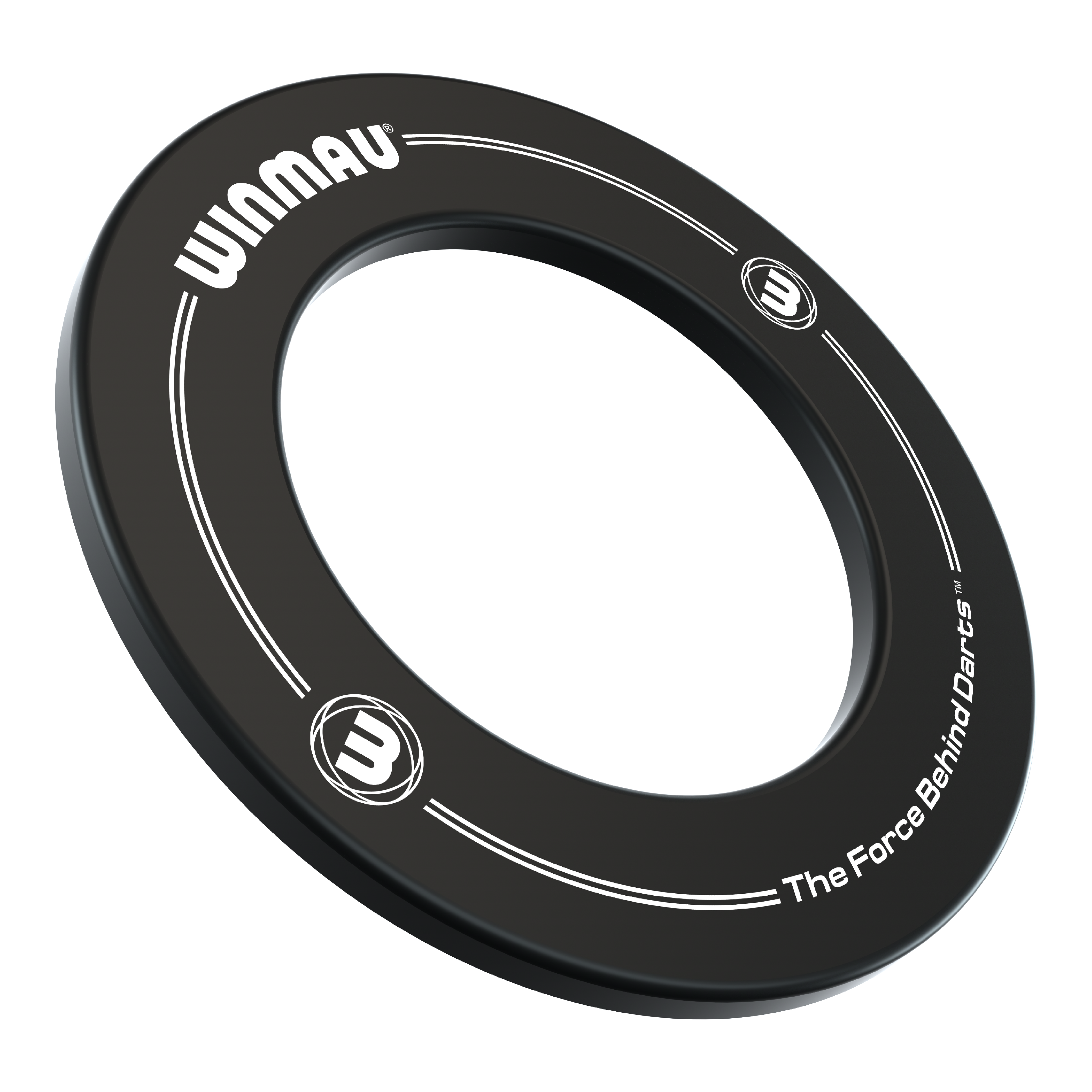 Winmau Dartboard Surround 2022 Das Bild zeigt einen schwarzen Dartboard-Surround-Ring mit der Aufschrift "WINMAU". Am Rand steht außerdem der Slogan "The Force Behind Darts".
