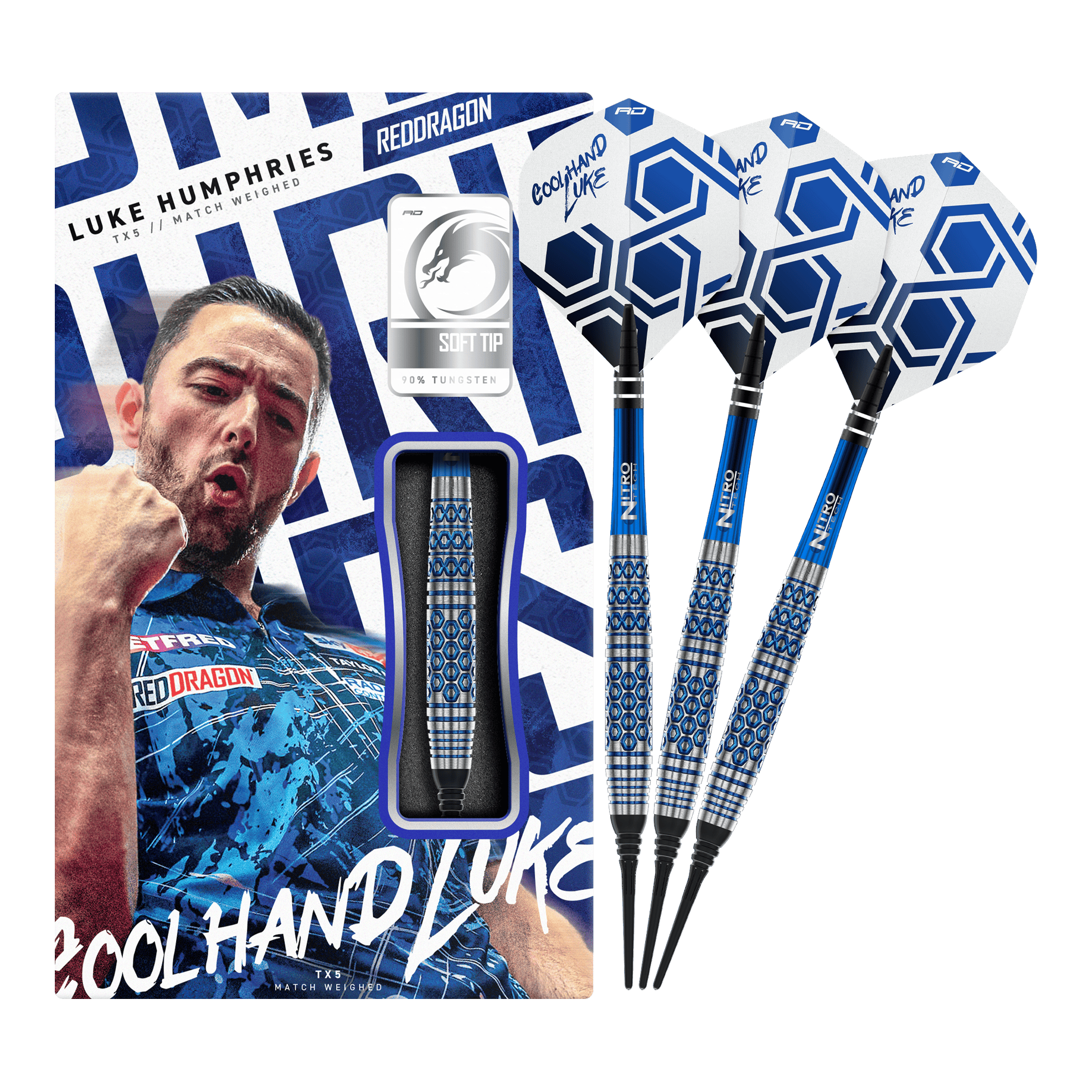 Dardos blandos Red Dragon Luke Humphries TX5 - 20 g Das Foto zeigt die Red Dragon Luke Humphries TX5 Softdarts - 20g in voller Länge. Sie sind für das Softdartspiel ausgelegt und wiegen 20 Gramm.