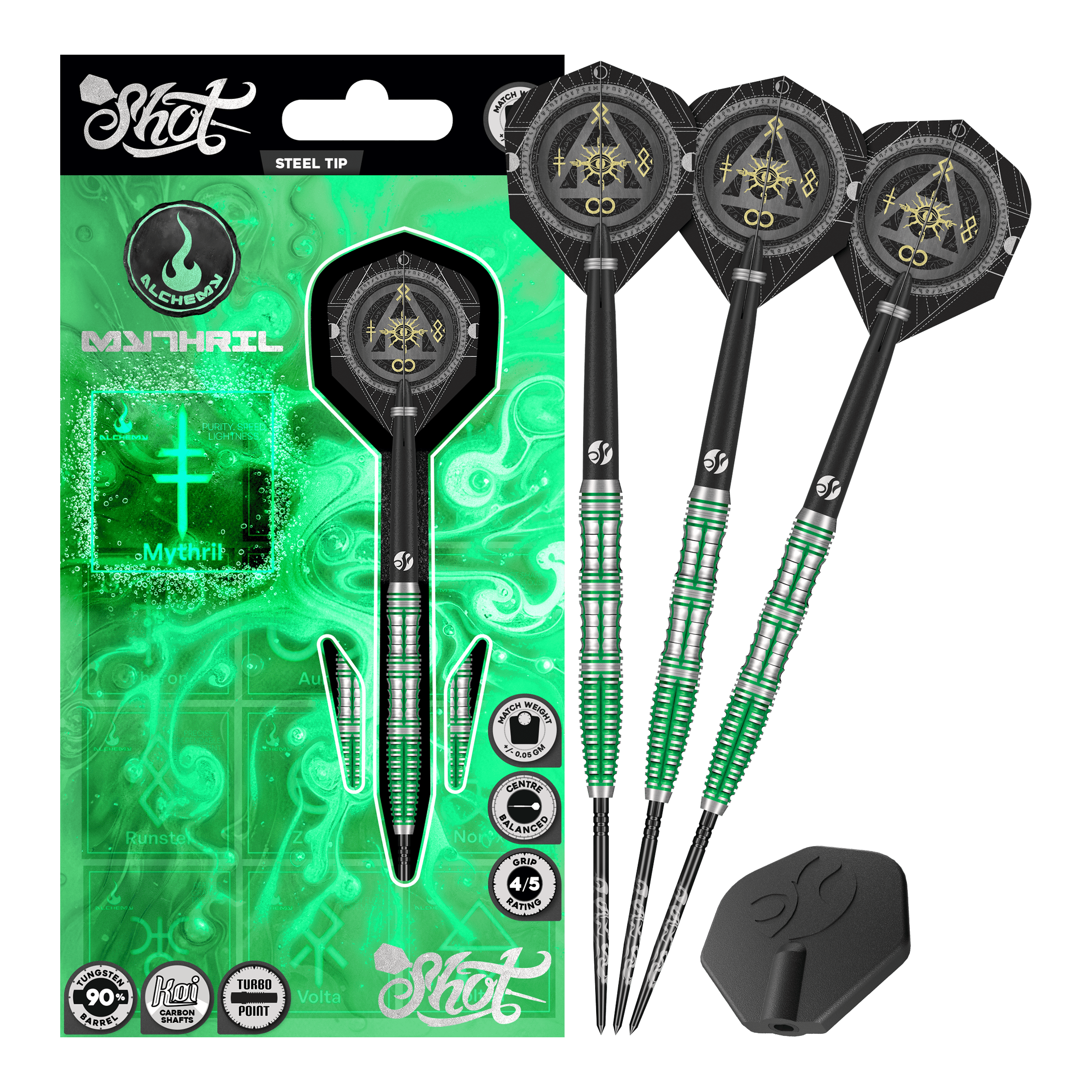 Shot Alchemy Mythril Turbo Point Steeldarts Zu sehen ist ein vollständiges Set Shot Alchemy Mythril TurboPoints Steeldarts. Die Struktur ist detailliert.