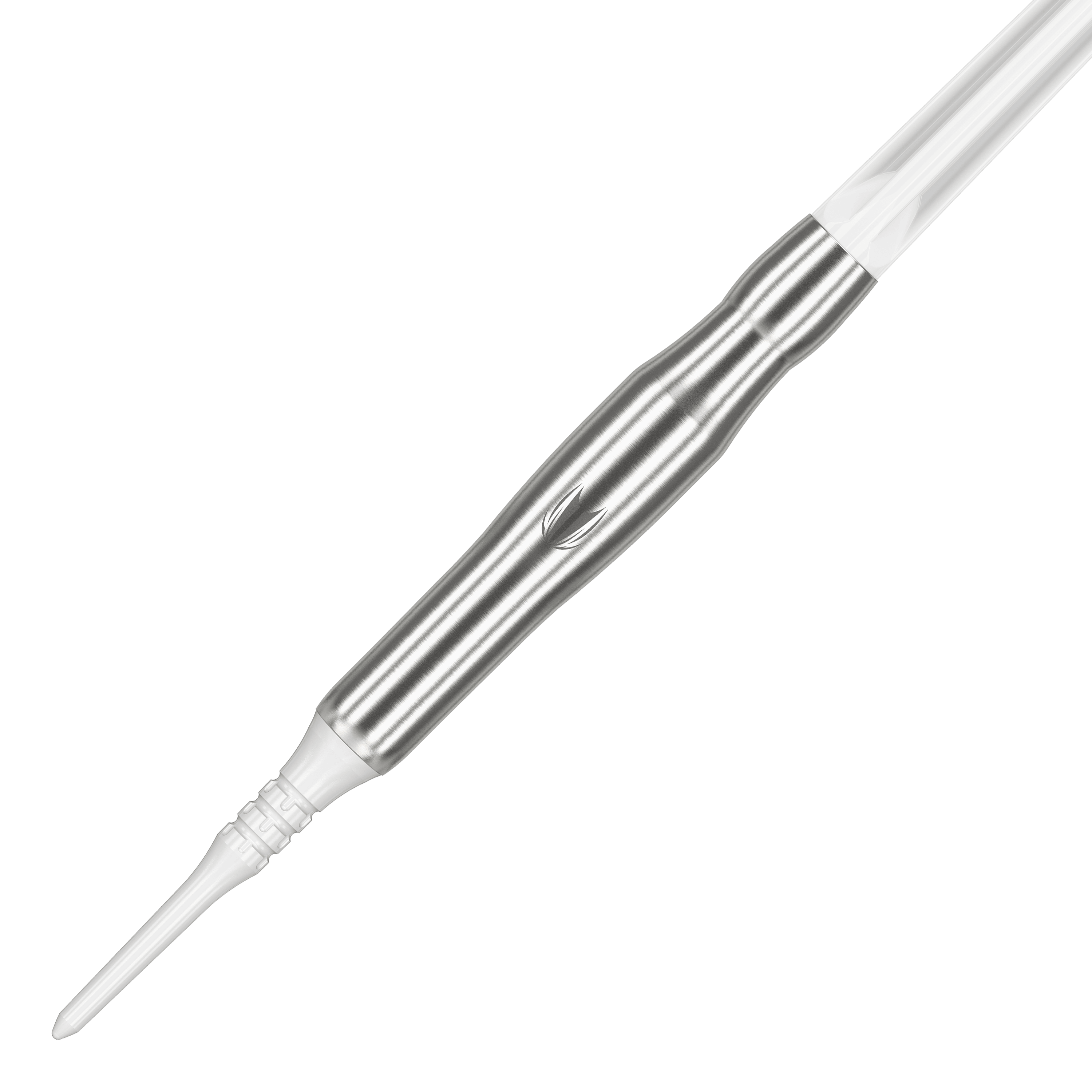 Dardos blandos Target Japan Crux Brave - 18,5 g Das Bild zeigt den Target Japan Crux Brave Softdart mit einem Gewicht von 18,5g. Der Dartpfeil hat ein elegantes, silbernes Design mit einer weißen Spitze.