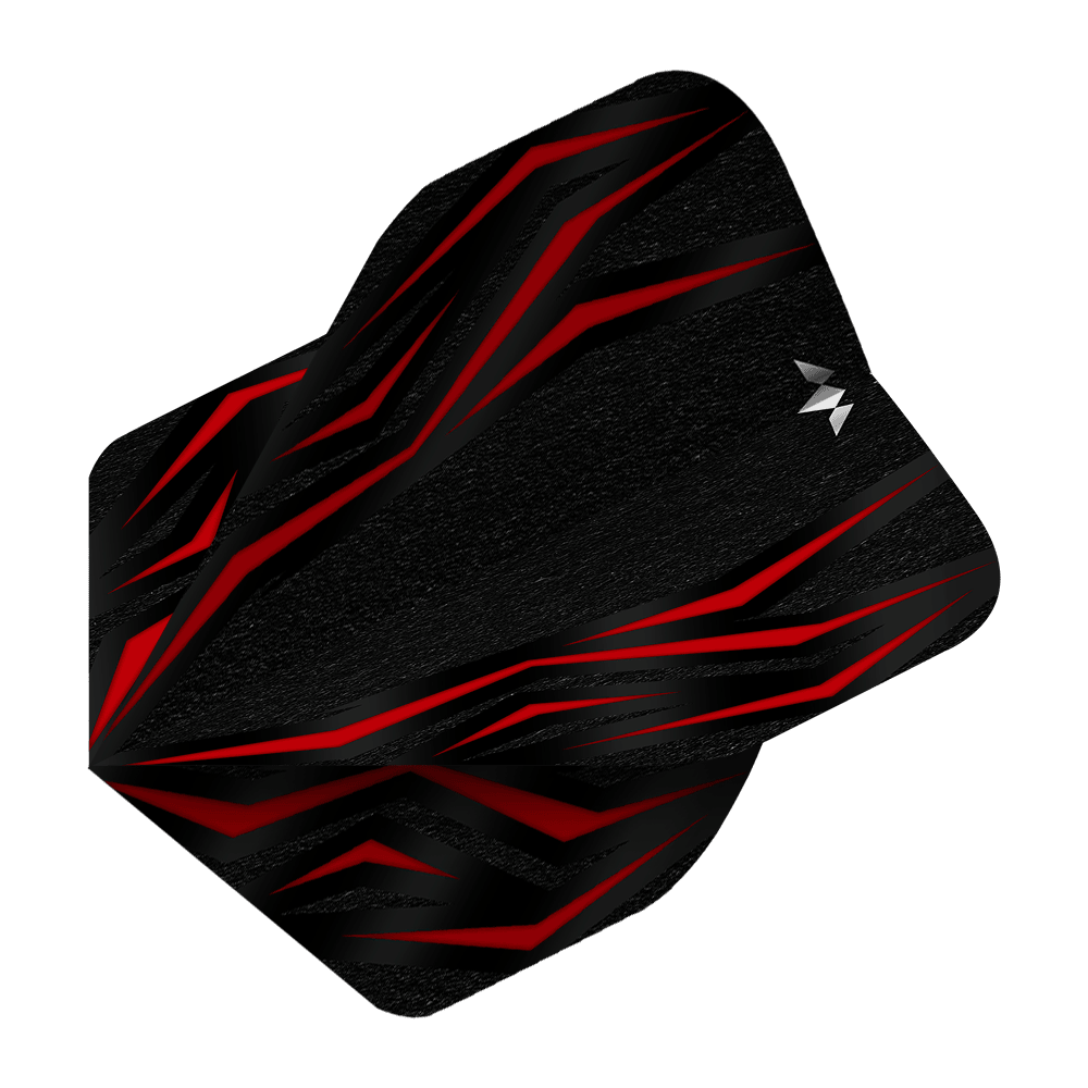Vuelos estándar de Mission Lava Red No2 Das Bild zeigt einen Mission Lava Red No2 Standard Flight für Darts. Das Design ist überwiegend schwarz mit auffälligen roten Linien und einem kleinen weißen Logo.