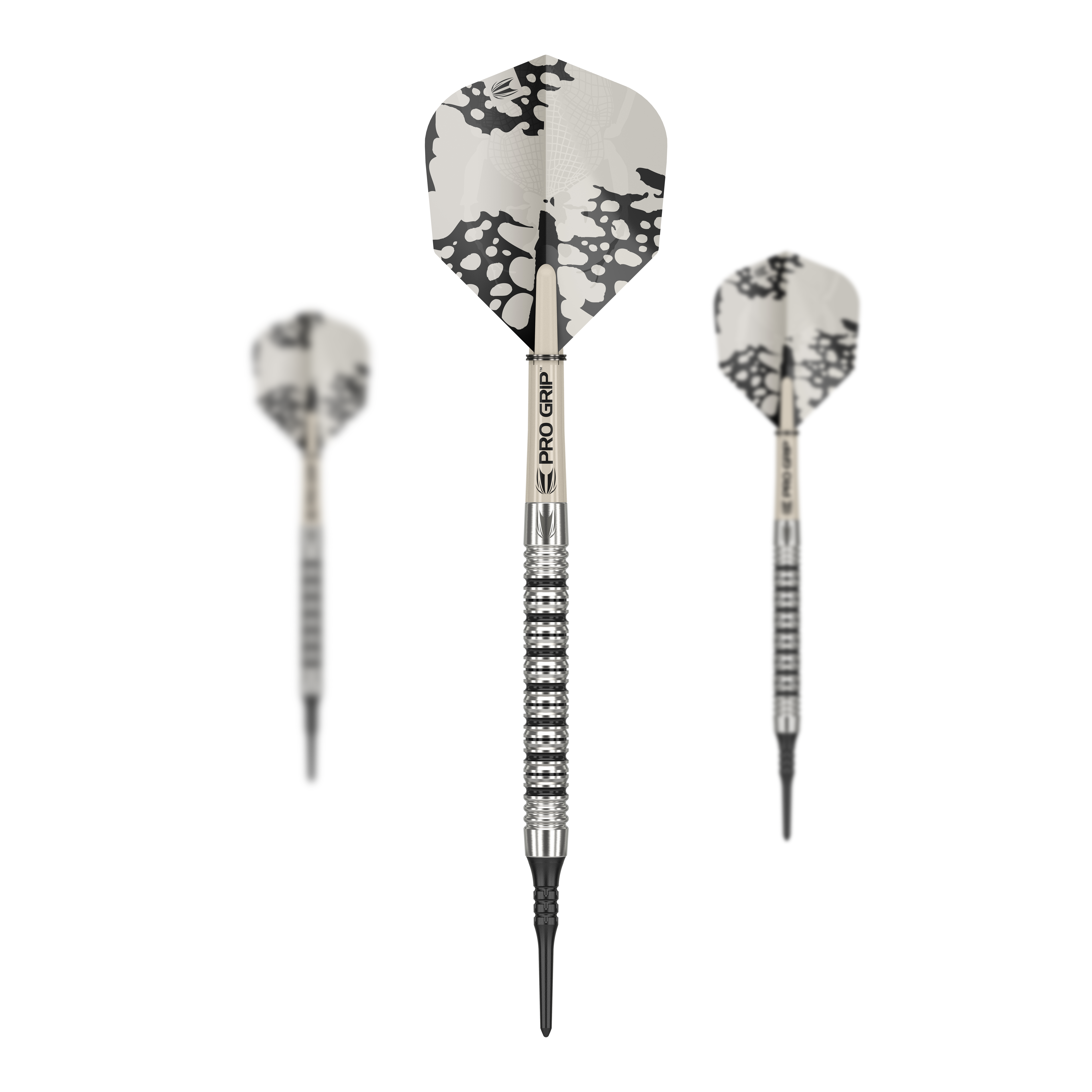 Dardos blandos Target EXO 11 Das Bild zeigt drei Target EXO 11 Softdarts mit silbernen Griffen und schwarz-weißen Flights. Die Darts haben einen modernen, gestreiften Look und spitze Kunststoffspitzen.