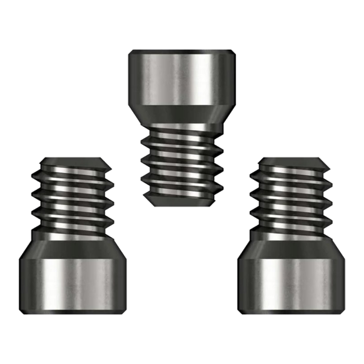 Grifos del sistema Caliburn Das Bild zeigt drei Caliburn System Spigots mit einem Durchmesser von 2,33 mm. Sie sind aus Metall gefertigt und haben ein Gewinde auf einer Seite.