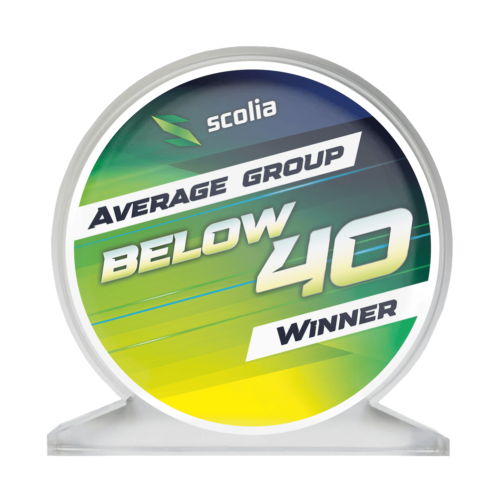 Trofeo de vidrio acrílico Scolia - Ganador Das Bild zeigt einen Acrylglas-Pokal mit der Beschriftung "SCOPO-B40 Scolia". Es handelt sich um eine Auszeichnung für einen Average unter 40.