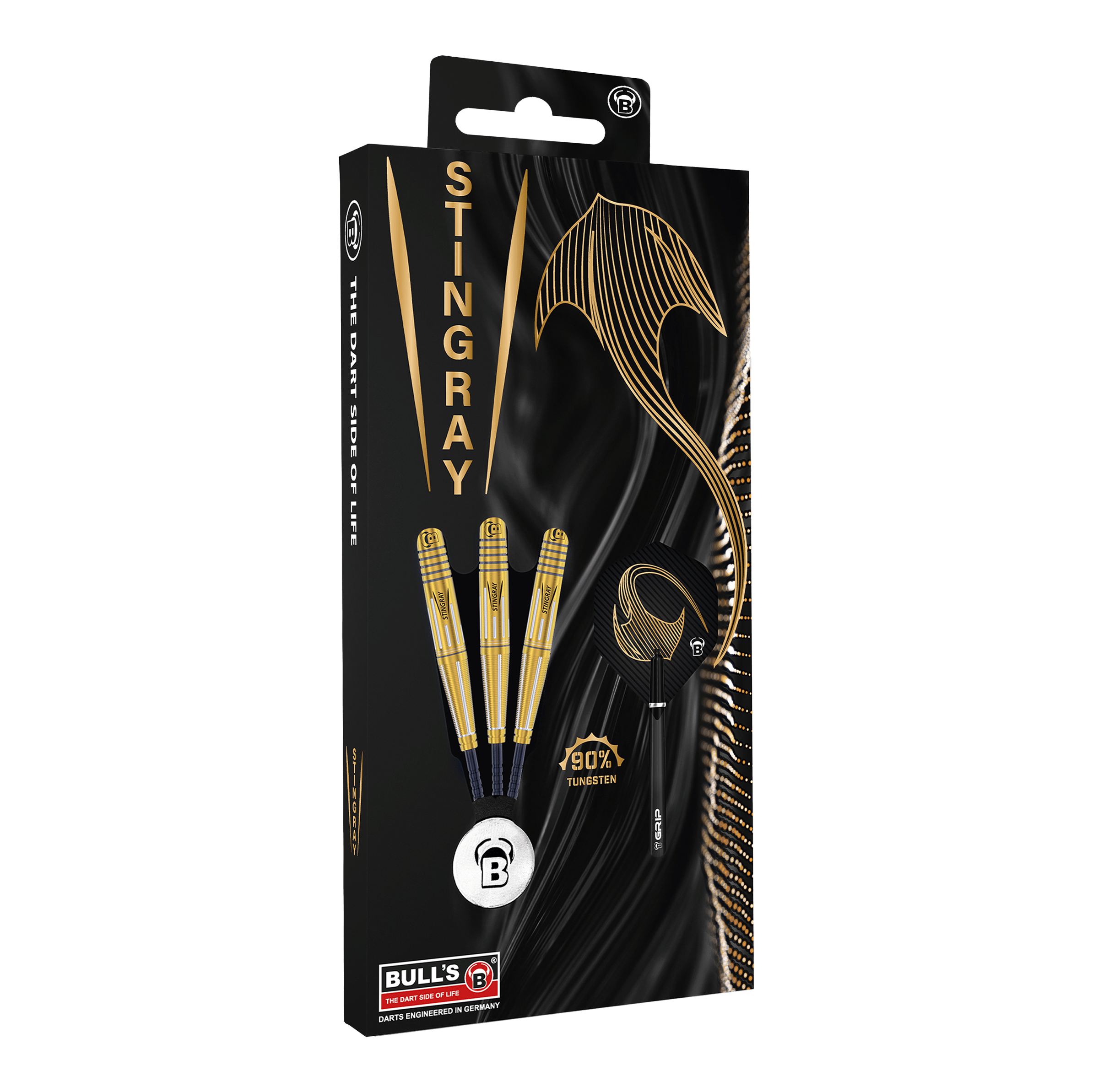 Dardos de acero Bulls Stingray ST4 Die Abbildung zeigt die Verpackung der "Bulls Stingray ST4 Steeldarts". Auf der schwarzen Verpackung sind drei goldfarbene Darts sowie ein stilisierter Stachelrochen und Schriftzüge in Gold zu sehen.