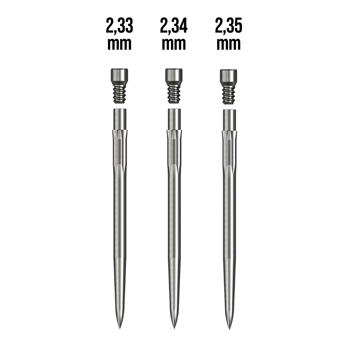 Kit de inicio Caliburn Das Bild zeigt drei metallische Stifte mit unterschiedlichen Durchmessern: 2,33 mm, 2,34 mm und 2,35 mm. Sie gehören zum Produkt "Caliburn Starter-Kit."