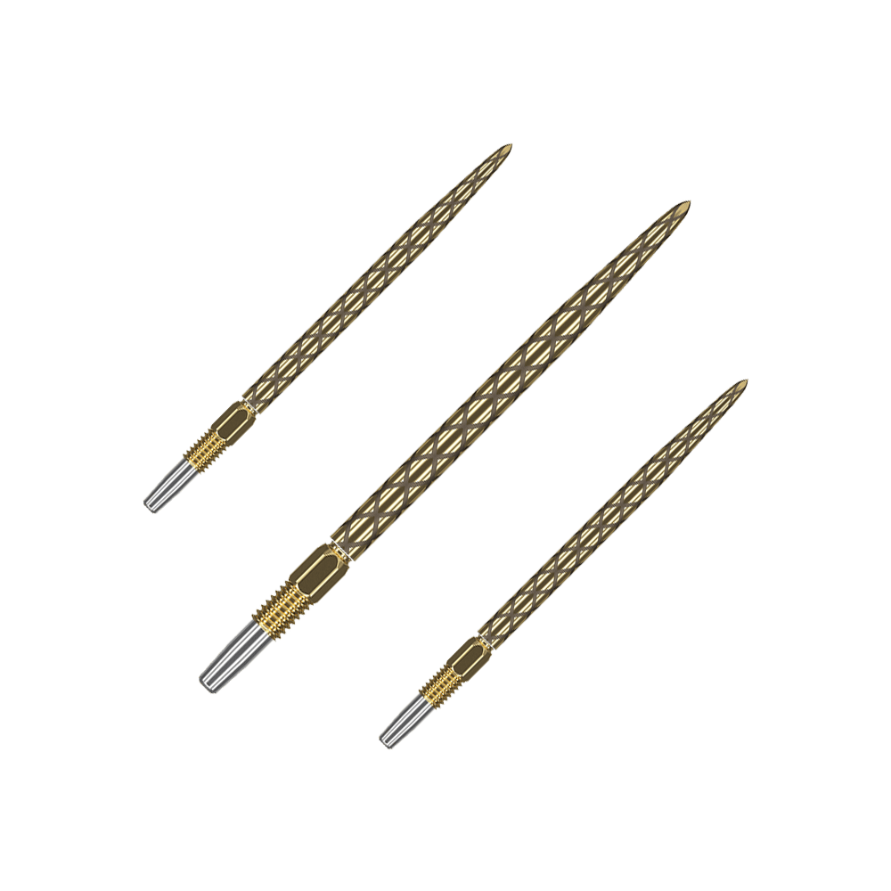 Puntas de dardos Target Swiss Diamond Pro Gold Das Bild zeigt drei goldfarbene Dartspitzen mit einem rautenförmigen Muster. Sie sind nebeneinander auf einem weißen Hintergrund angeordnet.